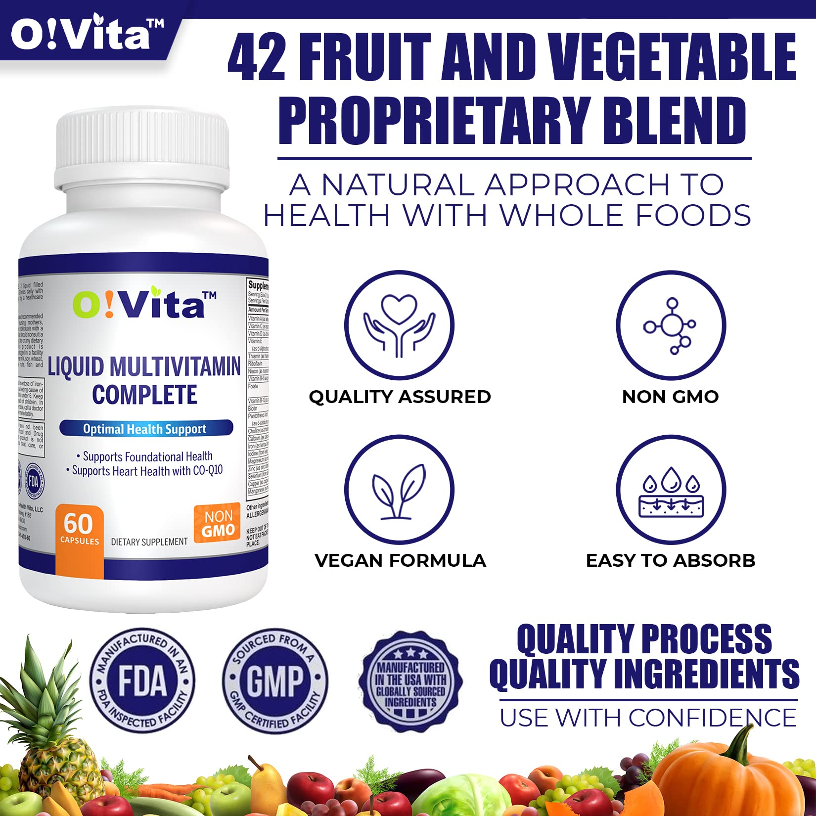 O!VITA Liquid Multivitamin Complete, with a Full Spectrum of Vitamins and Minerals, Plus 42 Fruits and Vegetable Proprietary Blend, Easy Absorption (60 Vegan Liquid Filled Capsules) O!VITA Au supplements