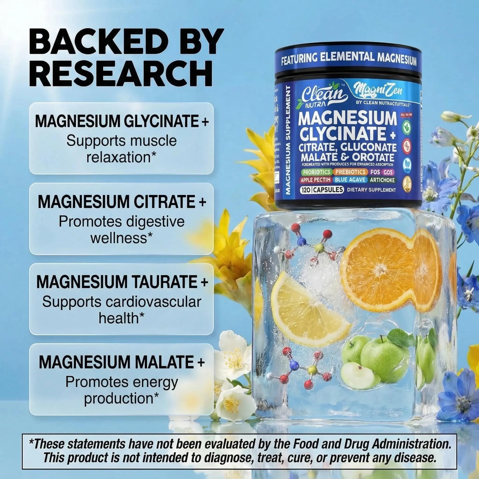 Clean Nutra Magnesium Glycinate Citrate Malate Orotate Taurate Supplement Complex + 10 Strain Probiotic Prebiotics FOS GOS Inulin Sleep Calm Support Apple Pectin – 120 Vegan Capsules Clean Nutraceuticals Au supplements
