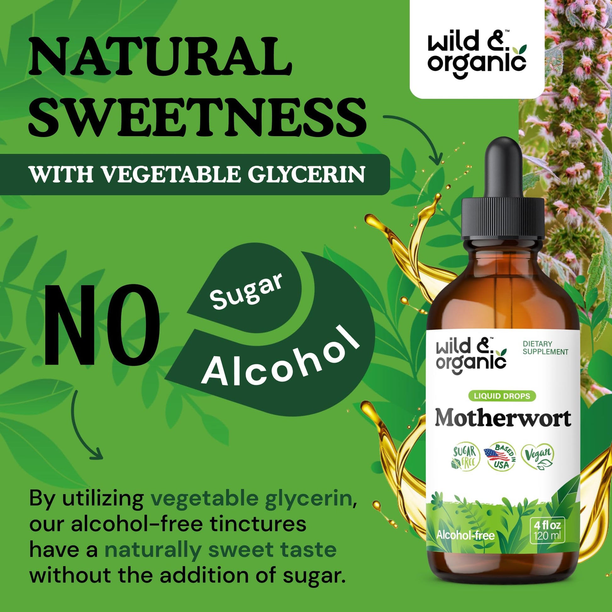 Wild & Organic Motherwort Tincture - Good Mood, Calmness, Overall Support - Supplements for Women with Motherwort Herb - Vegan, Sugar & Alcohol-Free Extract Drops - 4 fl oz Wild & Organic Au supplements