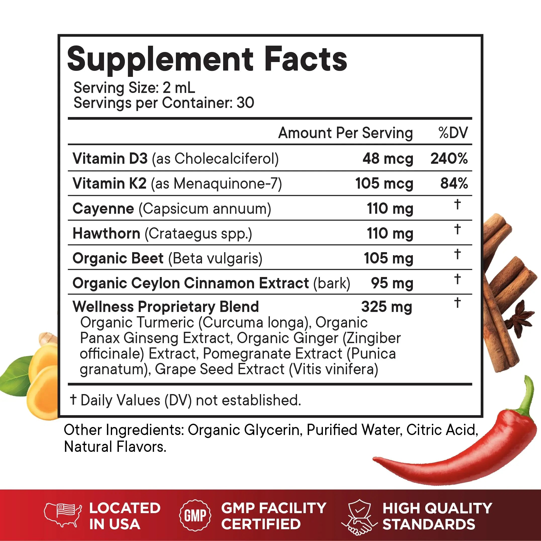 Cayenne Pepper Supplement Liquid Drops + Hawthorn Berry, Vitamin D3 K2 Beet Root Powder, Ceylon Cinnamon, Turmeric Curcumin, Organic Panax Ginseng - 4 OZ Superfood MD Au supplements