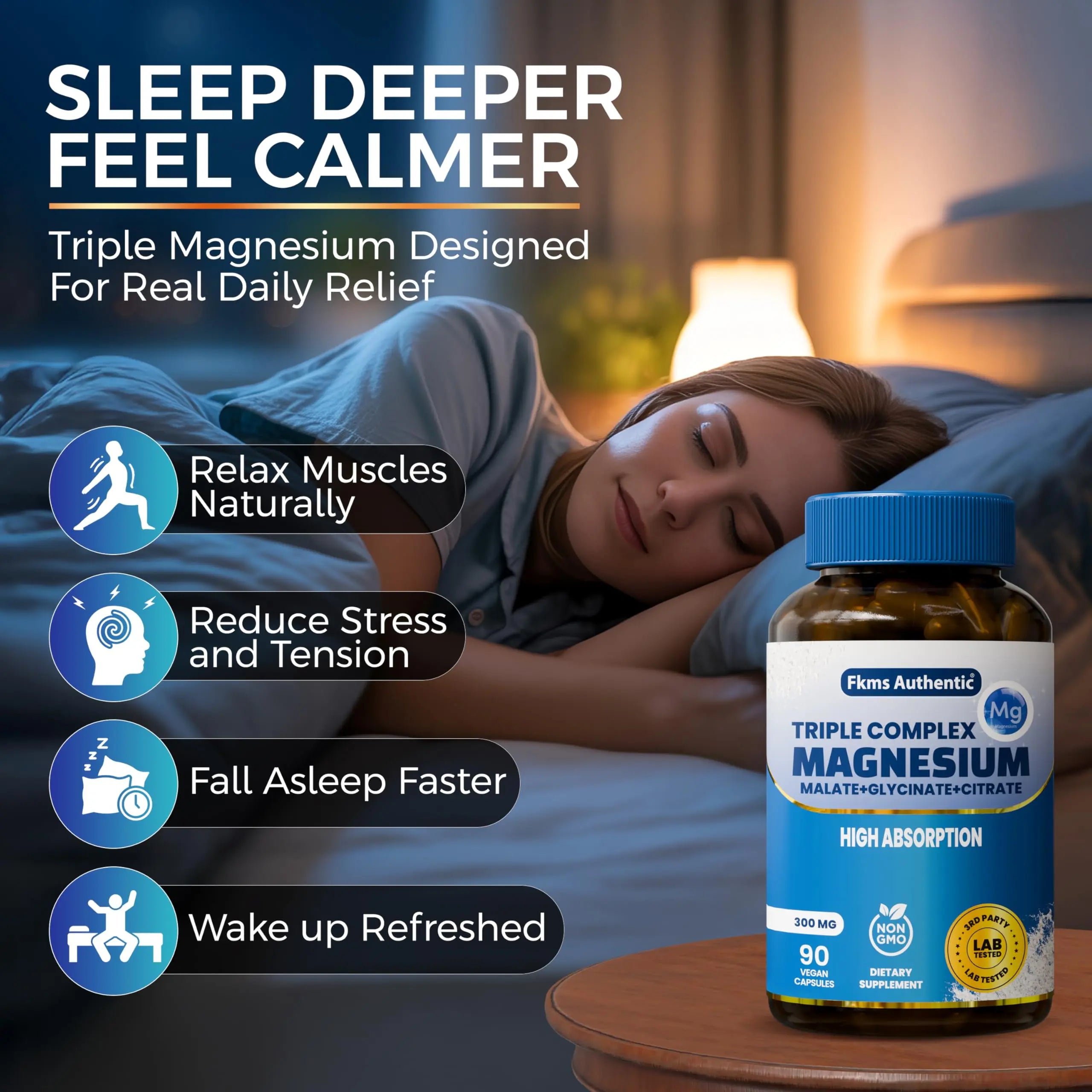FKMS Authentic Triple Magnesium Complex | 300mg Magnesium Glycinate, Malate & Citrate for Sleep, Stress & Muscle Support | Non-GMO, Vegan, Gentle on Stomach | High Absorption | 90 Capsules FKMS AUTHENTIC Au supplements