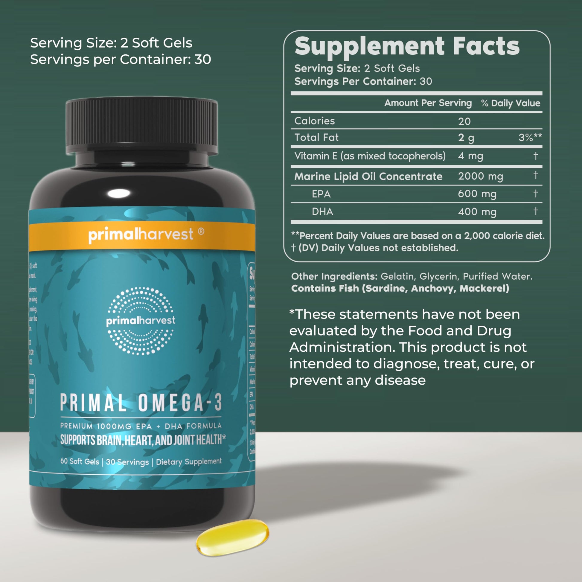 Primal Harvest Omega 3 Fish Oil Supplements, 30 Servings Soft Gels Capsules w/ 1000mg EPA + DHA Supplements, No Fishy Burps Non-GMO Omega 3 Fatty Acid Primal Harvest Au supplements