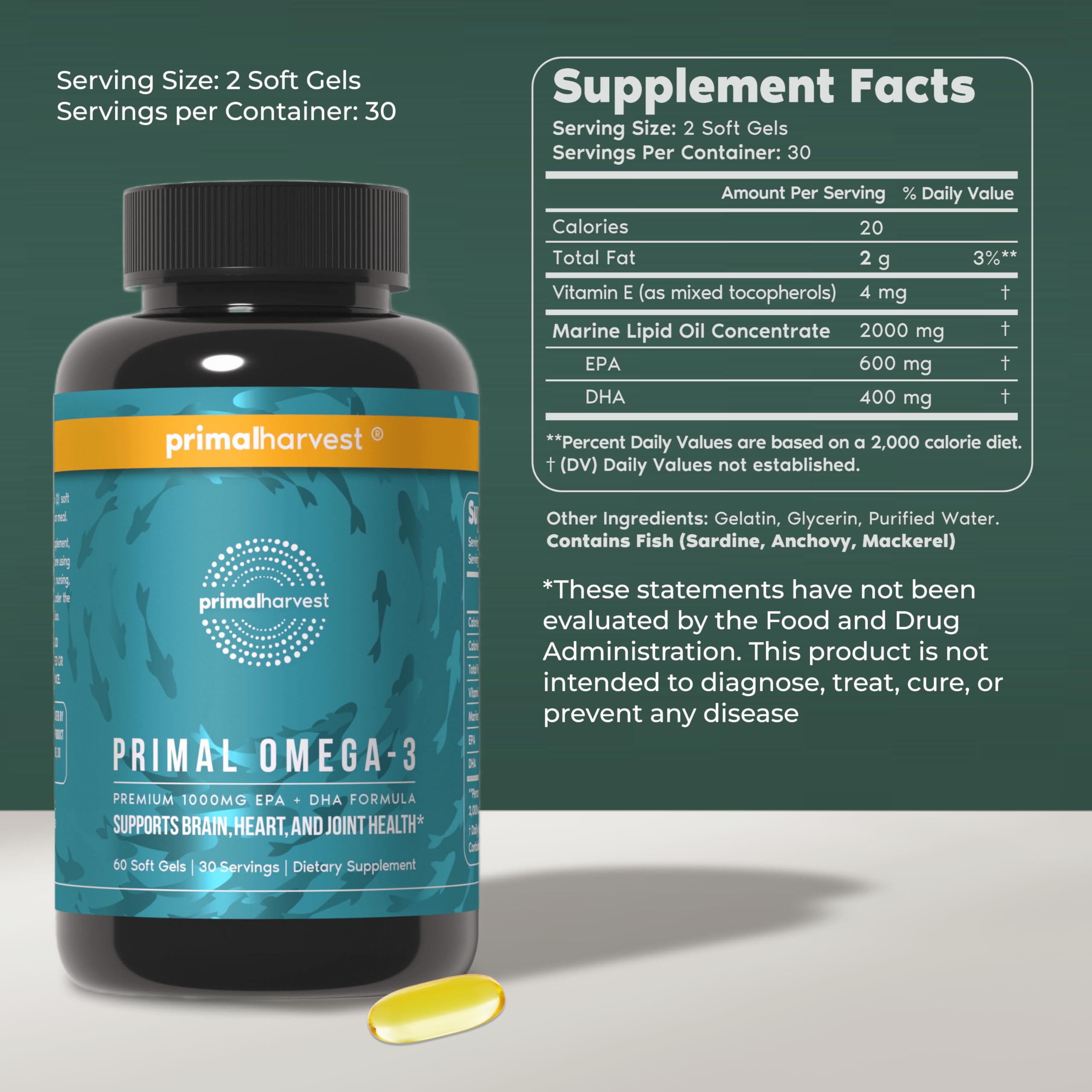 Primal Harvest Omega 3 Fish Oil Supplements, 30 Servings Soft Gels Capsules w/ 1000mg EPA + DHA Supplements, No Fishy Burps Non-GMO Omega 3 Fatty Acid Primal Harvest Au supplements
