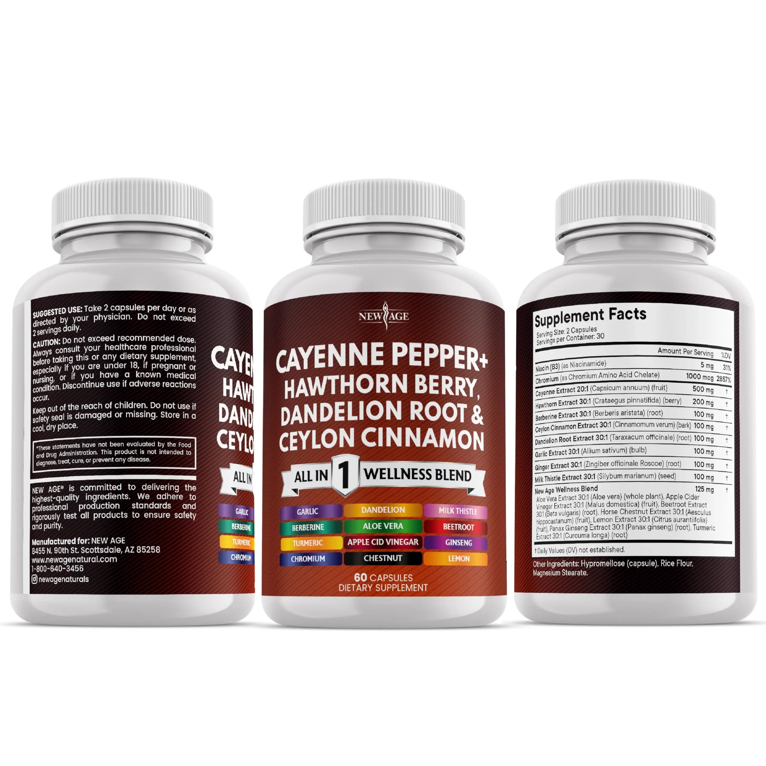 NEW AGE Cayenne Pepper Capsules Supplement with Hawthorn Berry, Dandelion Root, Ceylon Cinnamon, Garlic, Ginger, ACV, Milk Thistle, Beet Root, Aloe Vera - 120 Count NEW AGE Au supplements
