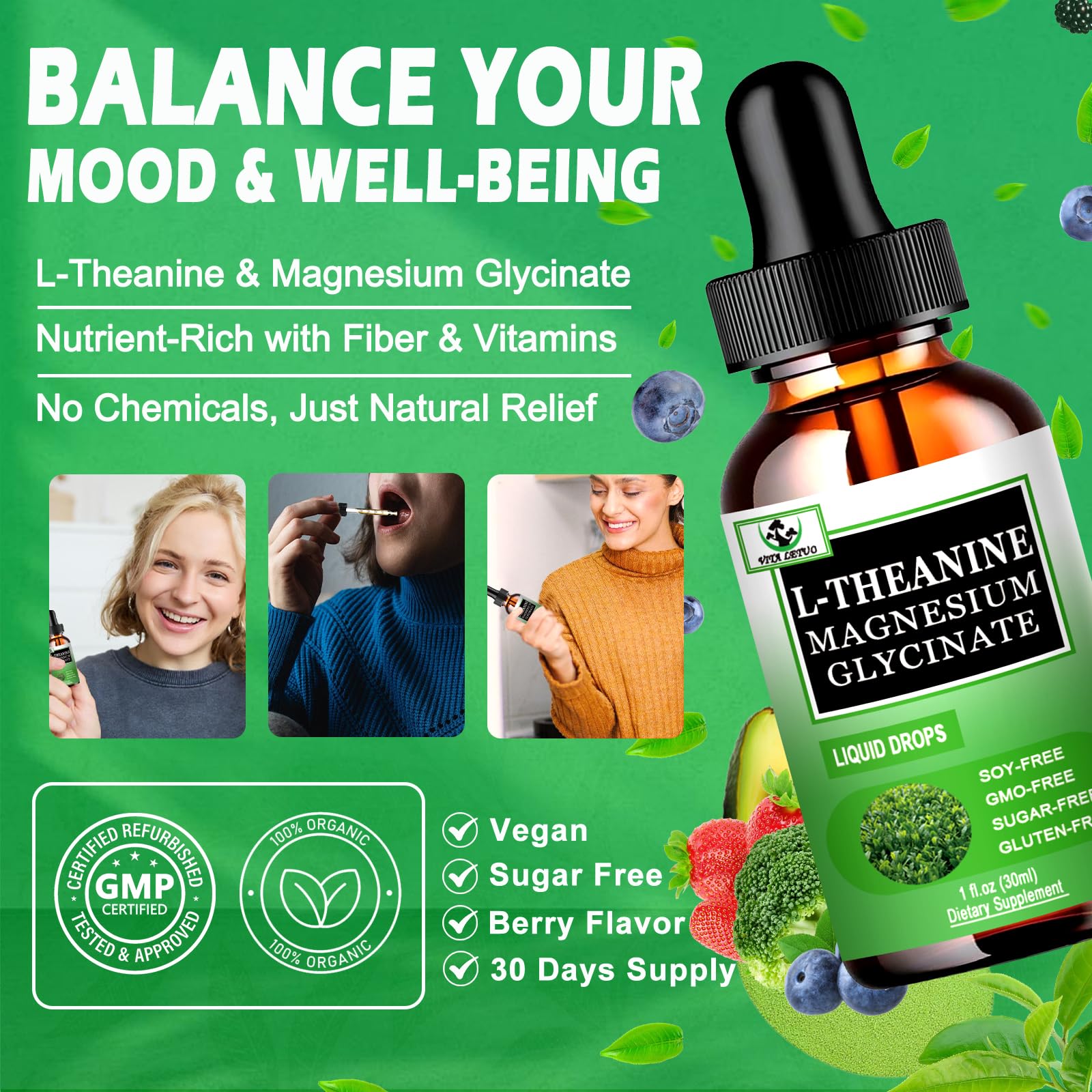 L Theanine Drops, Liquid L-Theanine Supplement 200mg w/Magnesium Glycinate,Vitamins,Fiber for Relaxation,Sleep,Digestion, Calm,High Absorption Mood Support for Adults & Kids,Plant Based,Non-GMO Vita letuo Au supplements