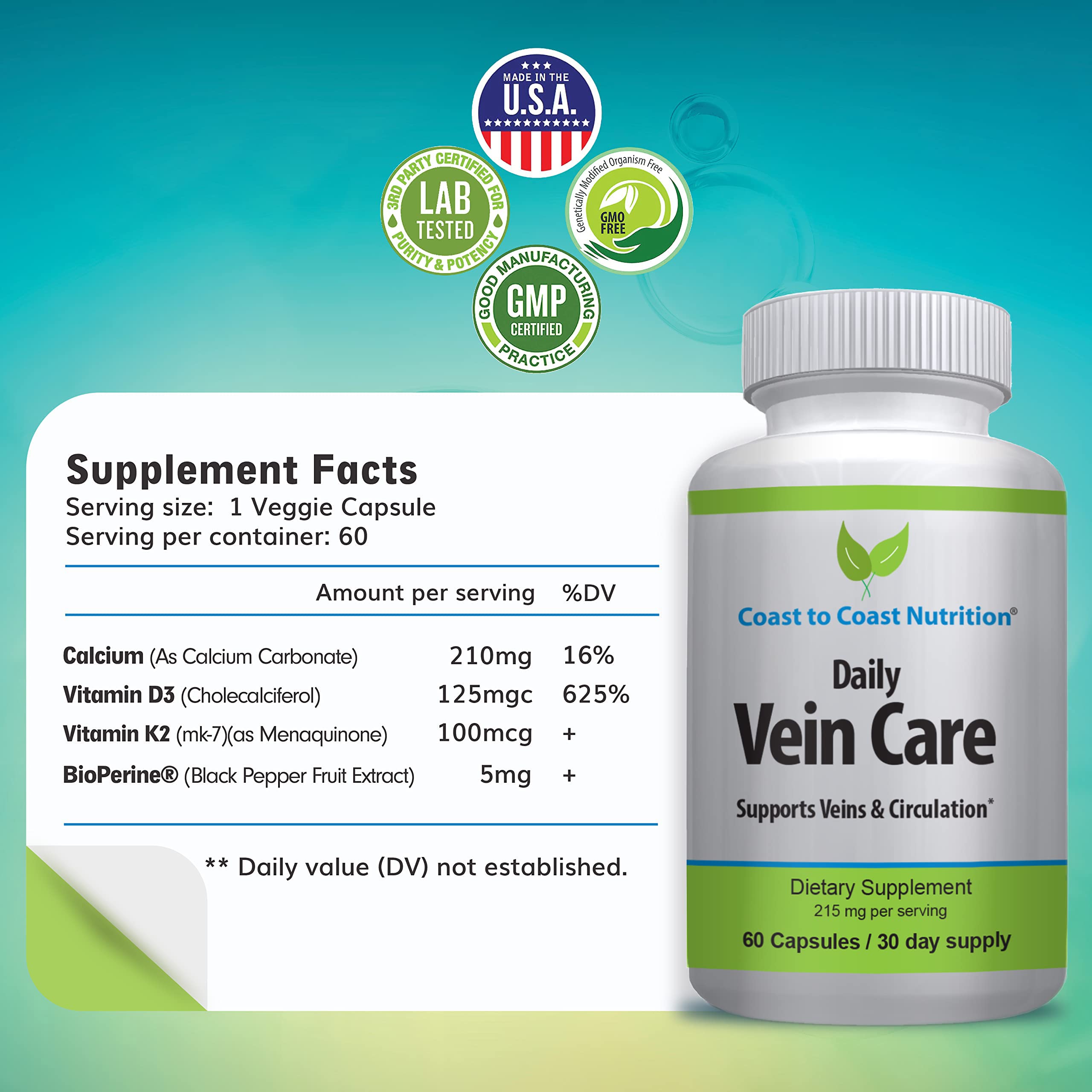 Coast to Coast Nutrition Daily Vein Care Supplement Capsules — Circulation Formula with a Natural Blend of Calcium, Vitamin D3, Vitamin K2 Plus BioPerine for Max Absorption Vein Formula — 60 Capsules Coast to Coast Nutrition Au supplements