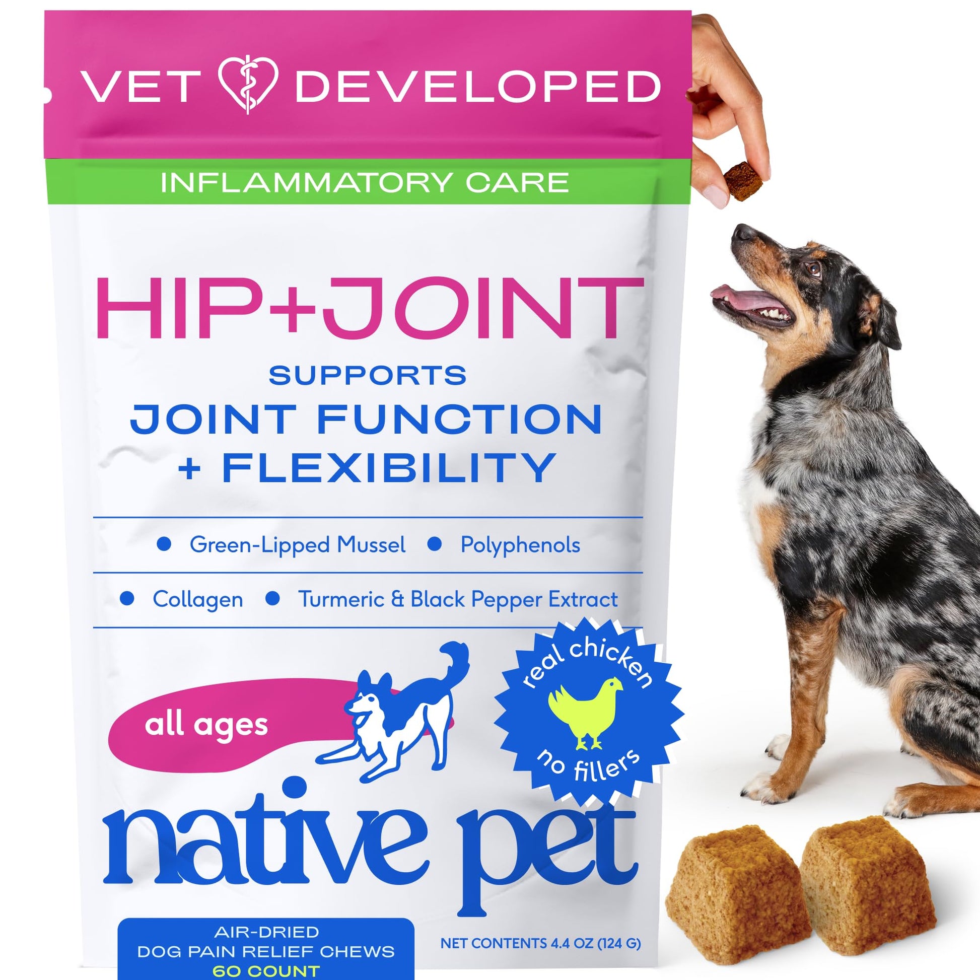 Native Pet Inflammatory Care - Pain Relief for Dogs - Green-Lipped Mussel, Turmeric & Collagen for Dogs - Hip and Joint Supplement Supports Healthy Inflammatory Response & Joint Comfort - 60 Chews Native Pet Au supplements