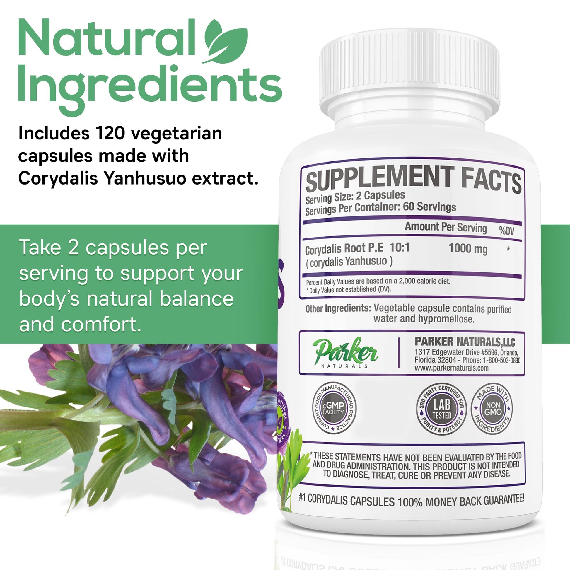 Pure Corydalis Root Extract Capsule - 1000mg Strength, 10:1 Corydalis Yanhusuo Extract, Natural Relief, Long Lasting, 100% Vegetarian, 60 Servings, 120 Count Parker Naturals Au supplements