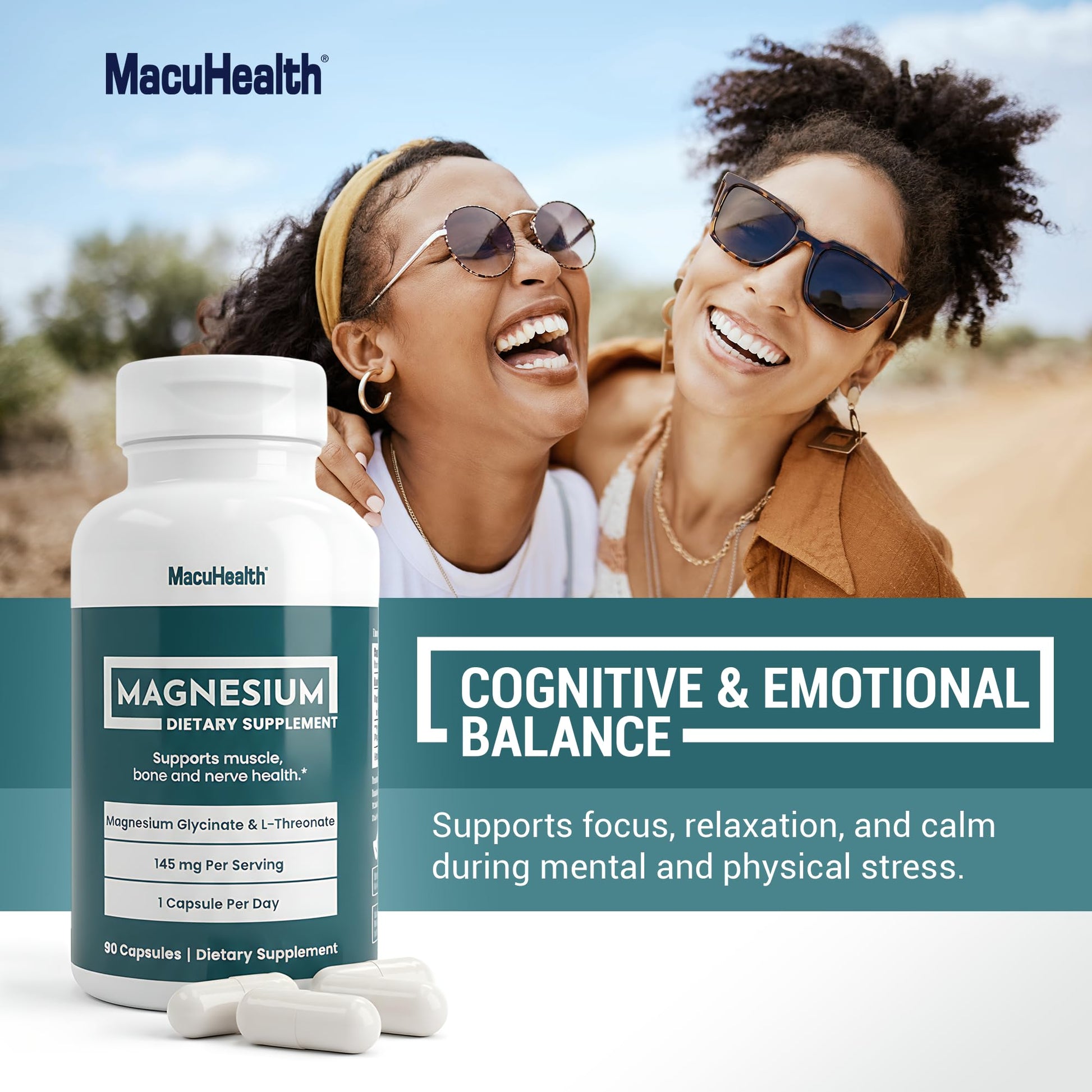 MacuHealth Magnesium Glycinate & L-Threonate 145mg - 90 Capsules - Highly Absorbable Magnesium for Energy, Calm & Focus - Gentle on Stomach, Vegan, Non-GMO - Premium Chelated Magnesium Supplement Macuhealth Au supplements