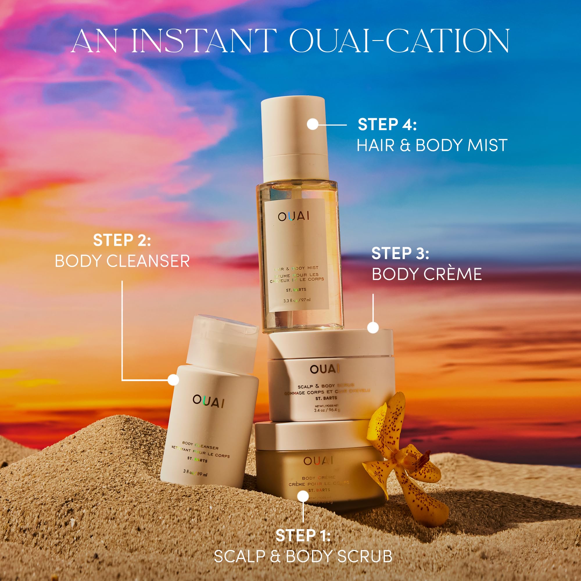 OUAI St. Barts Travel Bundle - Includes Travel Size Scalp & Body Scrub, Foaming Shower Gel, Hydrating Cream, and Hair & Body Mist (4 Count, 3.4 Oz/3.4 Oz/3 Oz/3.3 Oz) OUAI Au supplements