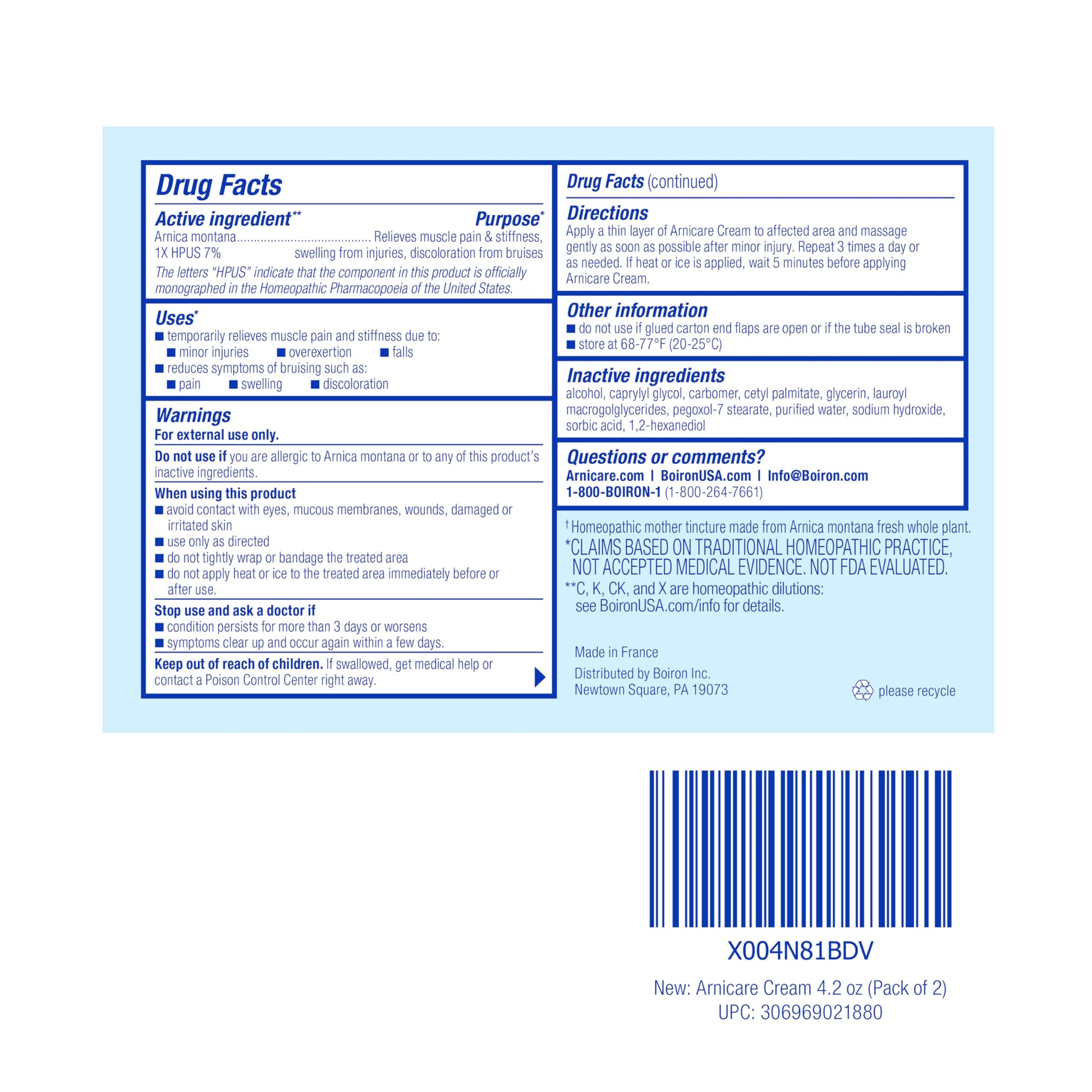 Boiron Arnicare Cream 4.2 oz (Twin Pack) for Joint Pain, Muscle Pain Relief, Swelling, Soreness, Stiffness, and Bruises - Fast Absorbing and Fragrance-Free Arnica Boiron Au supplements