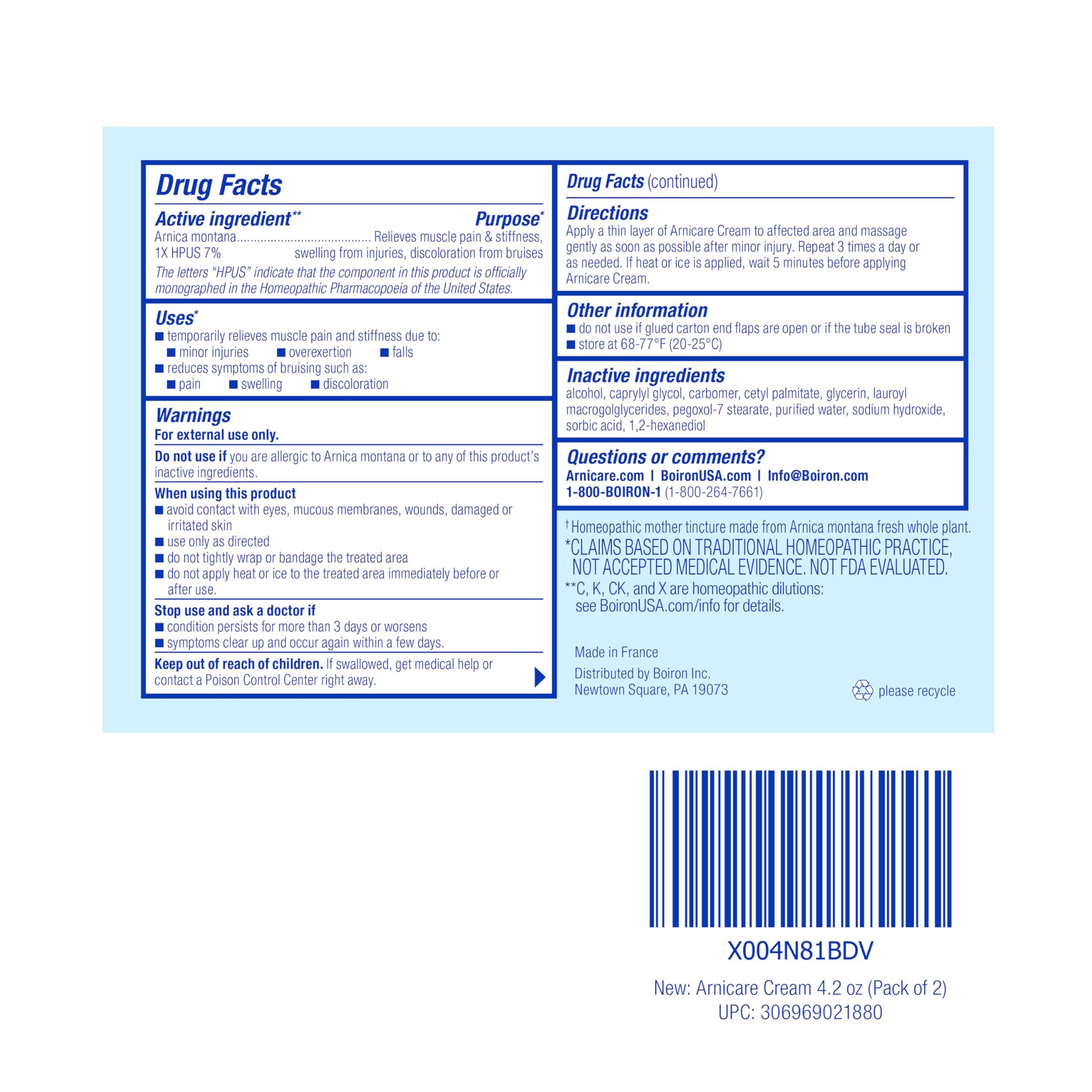 Boiron Arnicare Cream 4.2 oz (Twin Pack) for Joint Pain, Muscle Pain Relief, Swelling, Soreness, Stiffness, and Bruises - Fast Absorbing and Fragrance-Free Arnica Boiron Au supplements