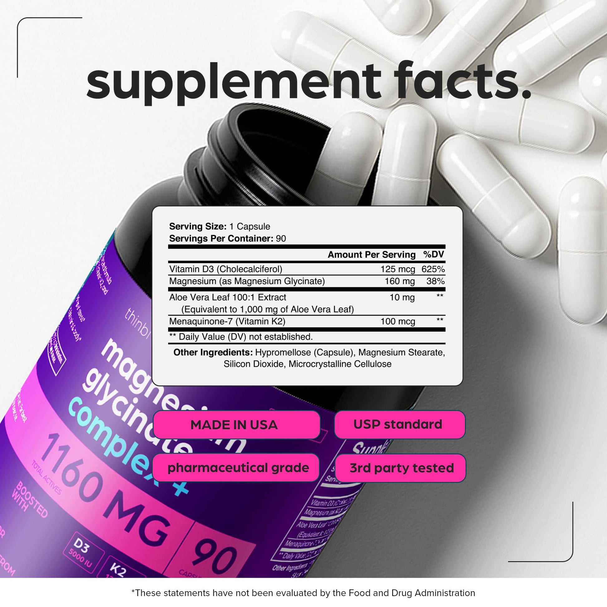 Magnesium Glycinate 1160mg + Aloe Vera, D3 & K2 Complex 90 Capsules - High Absorption, Non-Laxative - Supports, Muscle Function & Healthy Metabolism Chelated Formula Thinbi Au supplements