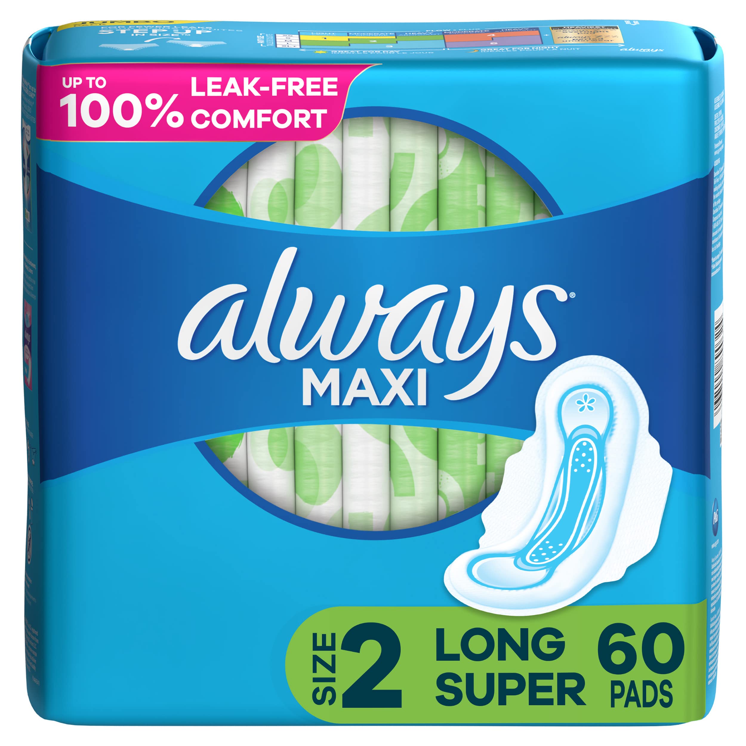 Always Maxi Feminine Pads For Women, Size 2 Long Super Absorbency, With Wings, Unscented, 60 Count Always Au supplements