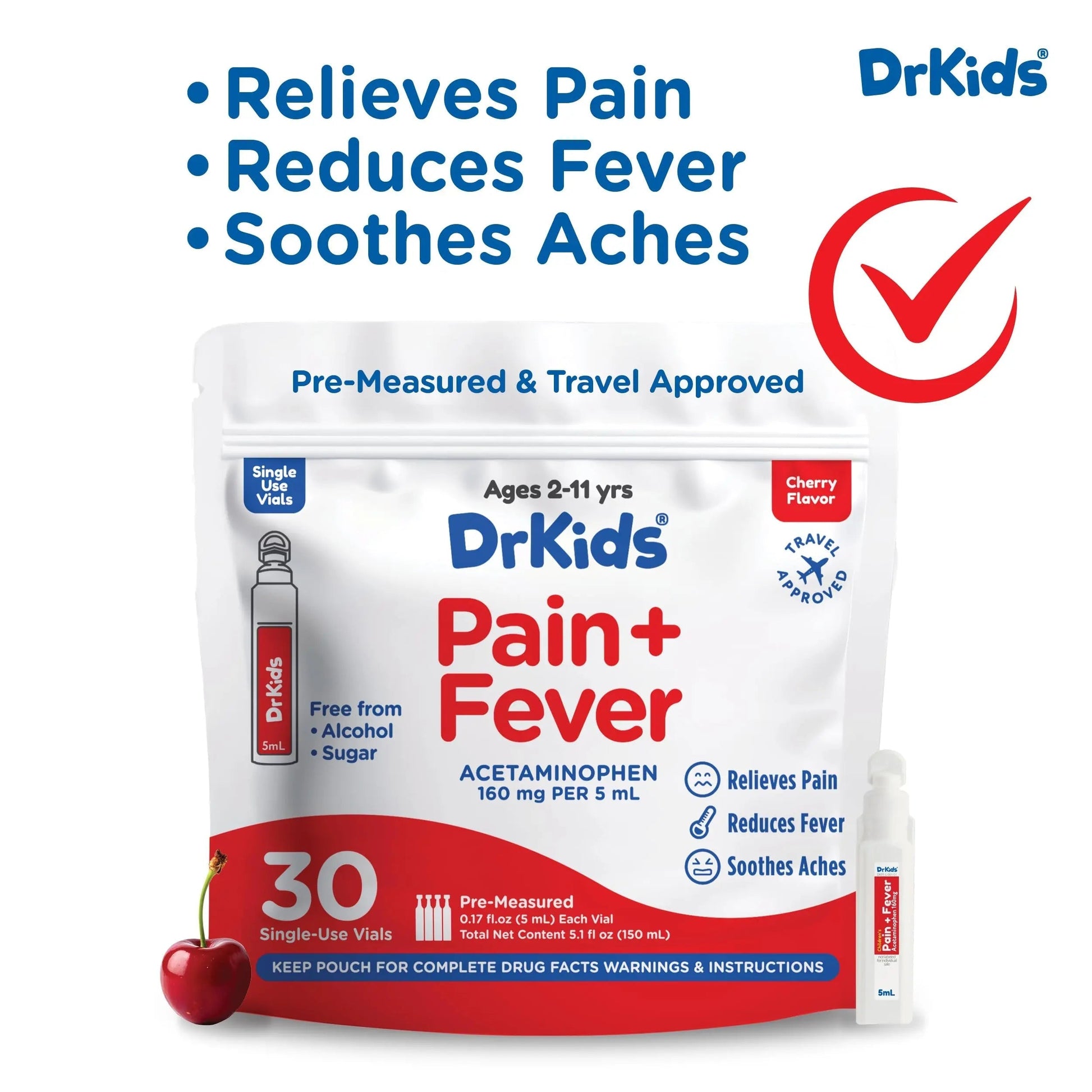 Dr. Kids Children’s Pain and Fever Medicine - Acetaminophen for Kids Ages 2-11, Pre-Measured Single-Use Vials for Headache, Sore Throat, Cold and Flu, Cherry Flavor, 30 Count Dr. Kids Au supplements