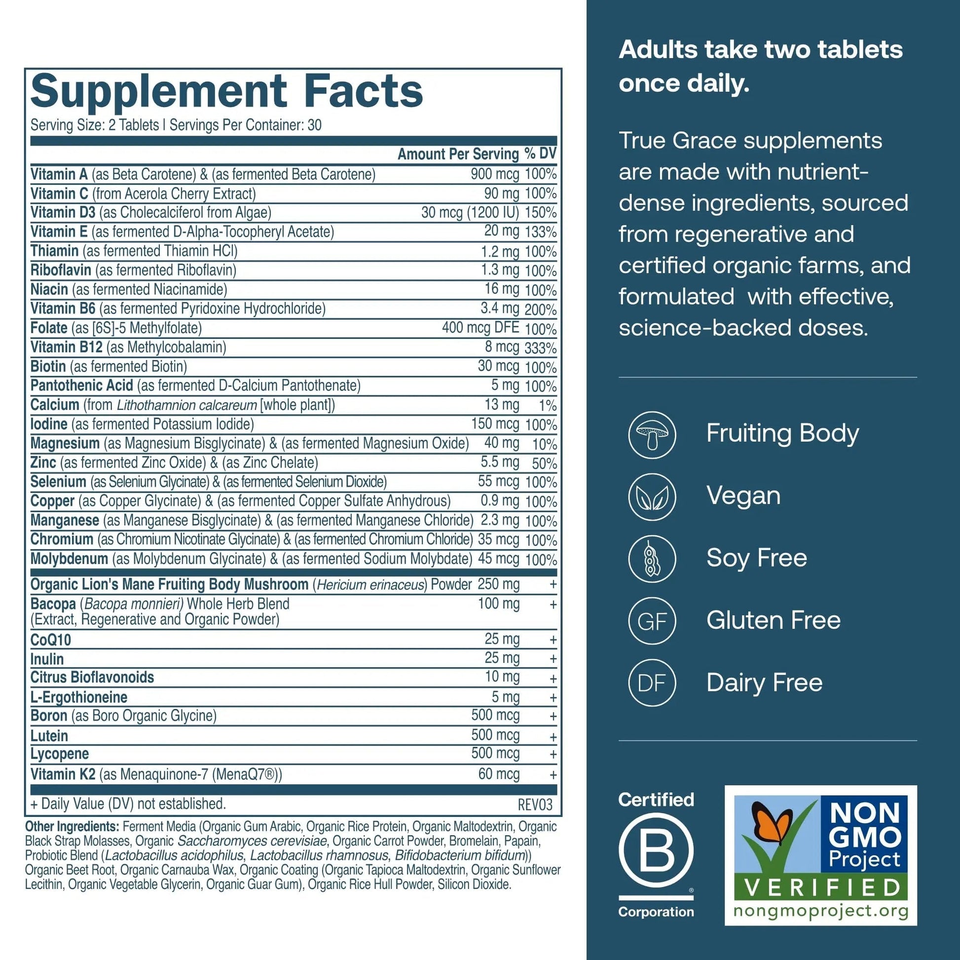 True Grace Daily Men’s Multivitamin 50+ - 60 Easy-to-Swallow Tablets - Immune, Energy, Longevity & Memory Support True Grace Au supplements