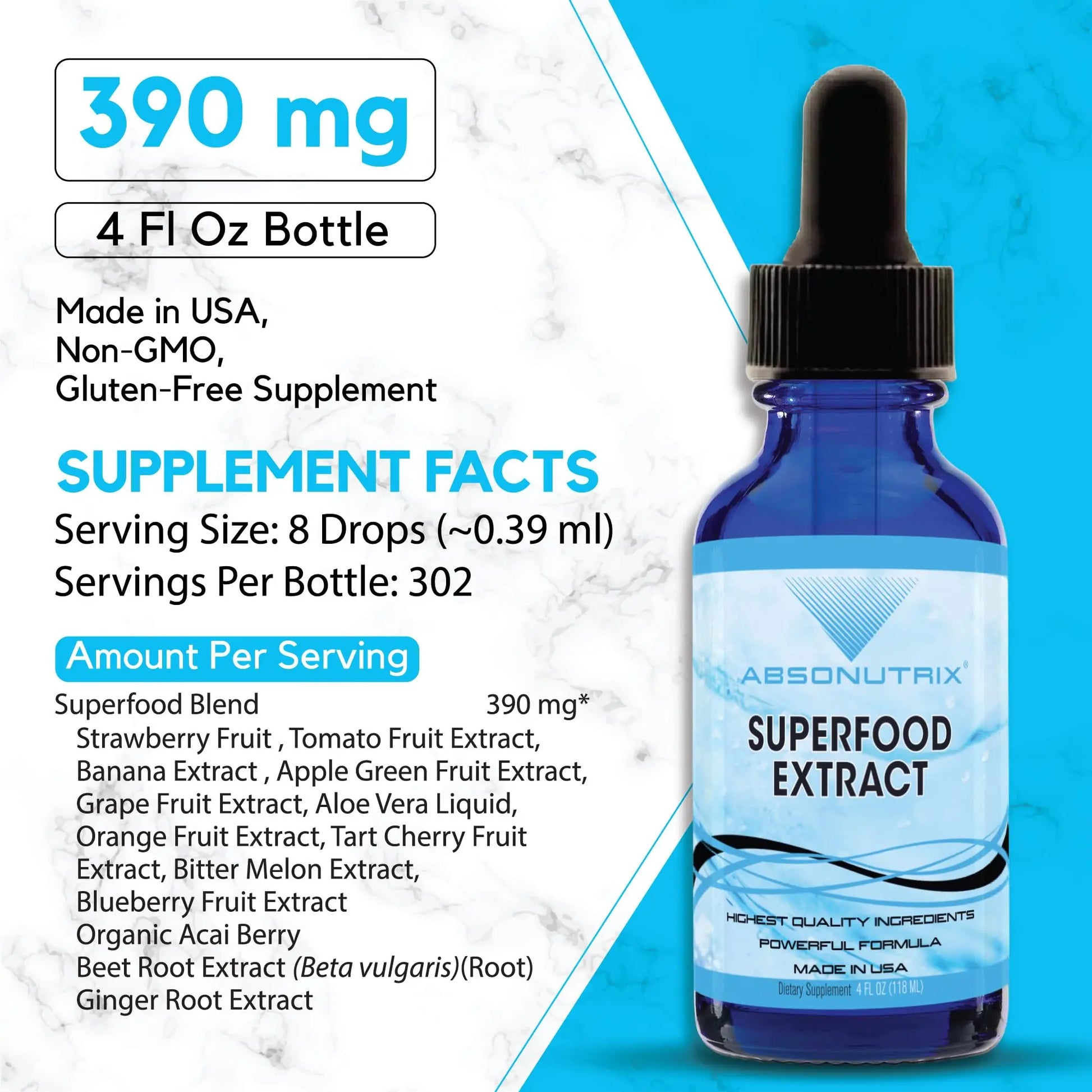Absonutrix Superfood Extract 390 mg, 4 Oz Liquid, 302 Servings, Made in USA, Quick Absorption, Quality Potent Ingredients, Non-GMO, GMP Certified, Cruelty-Free Products Absonutrix Au supplements