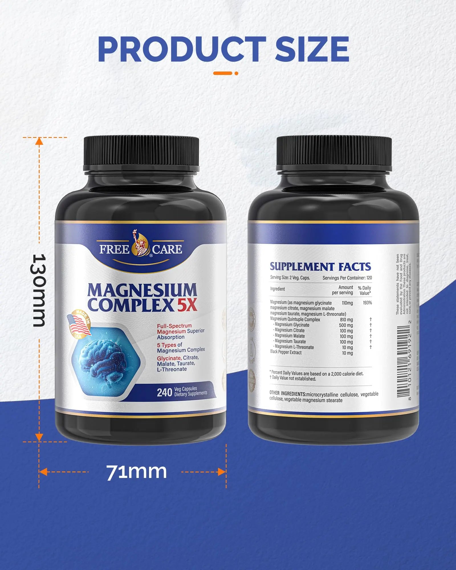 820mg Magnesium Complex 240 Veggie Capsules,for Women & Men with Magnesium Glycinate,Citrate, Malate,Taurate & L-Threonate for Sleep, Mood, Muscle Relaxation & Nerve Function Vegan Friendly, Non-GMO FreeCare Au supplements