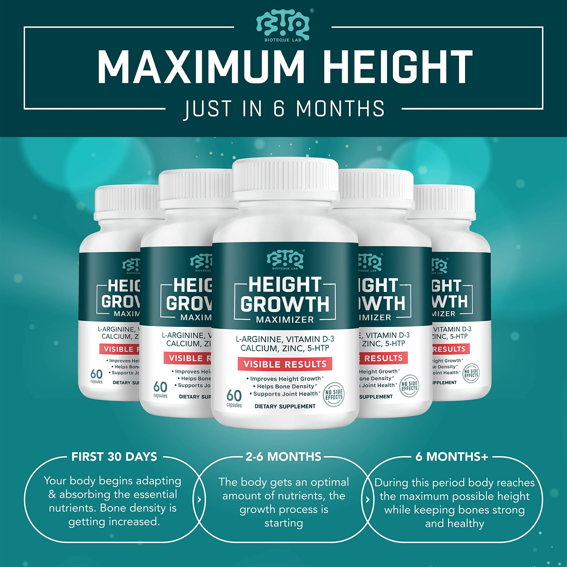 BIOTEQUELAB Height Growth Maximizer, Calcium, Vitamin D3 and Zinc Blend Pills, Bone Growth Supplement for Kids and Teens, Bone Strength, Density Support, GMO-Free, Gluten-Free, Made in USA, 60 Caps BTQ BIOTEQUE LAB Au supplements