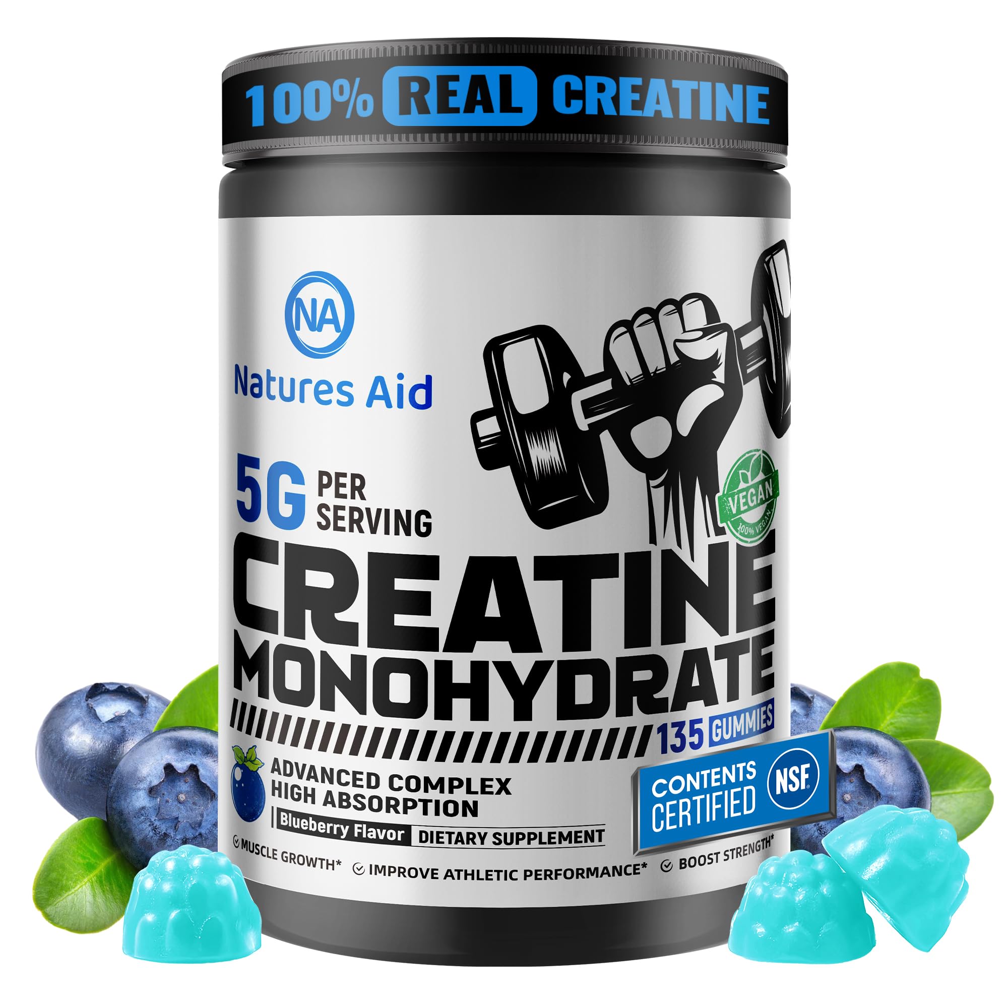 Natures Aid NSF Certified Creatine Gummy 5g - Creatine Monohydrate Gummies – Pre-Workout Energy & Muscle Growth Support for Men & Women | Blueberry Electrolyte Gummies (135 Count) Natures Aid Au supplements