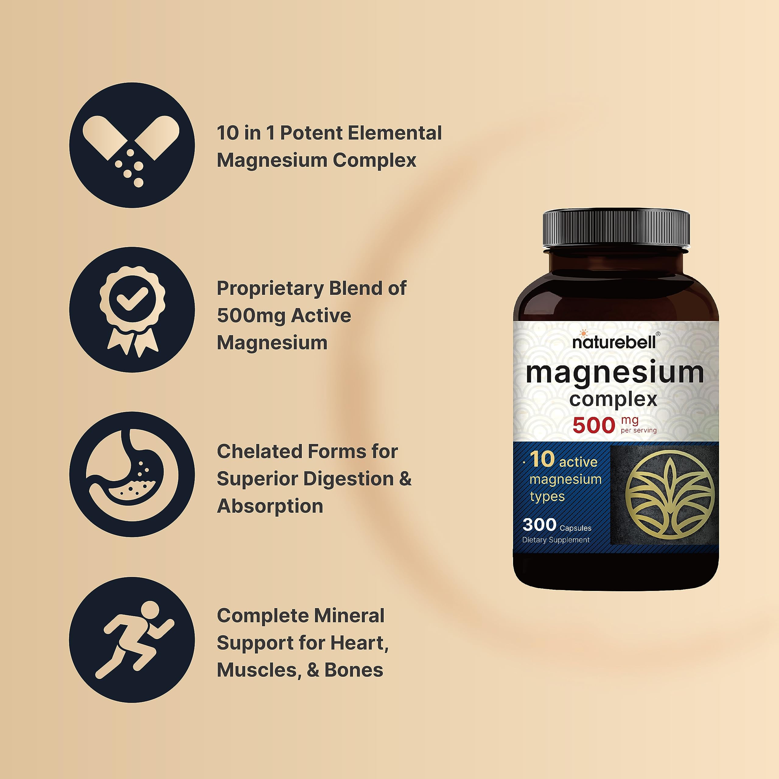 Magnesium Complex 500mg, 300 Capsules | 10-in-1 Magnesium Glycinate, Citrate, Malate & More | Chelated Form for Easy Absorption | Non-GMO NatureBell Au supplements