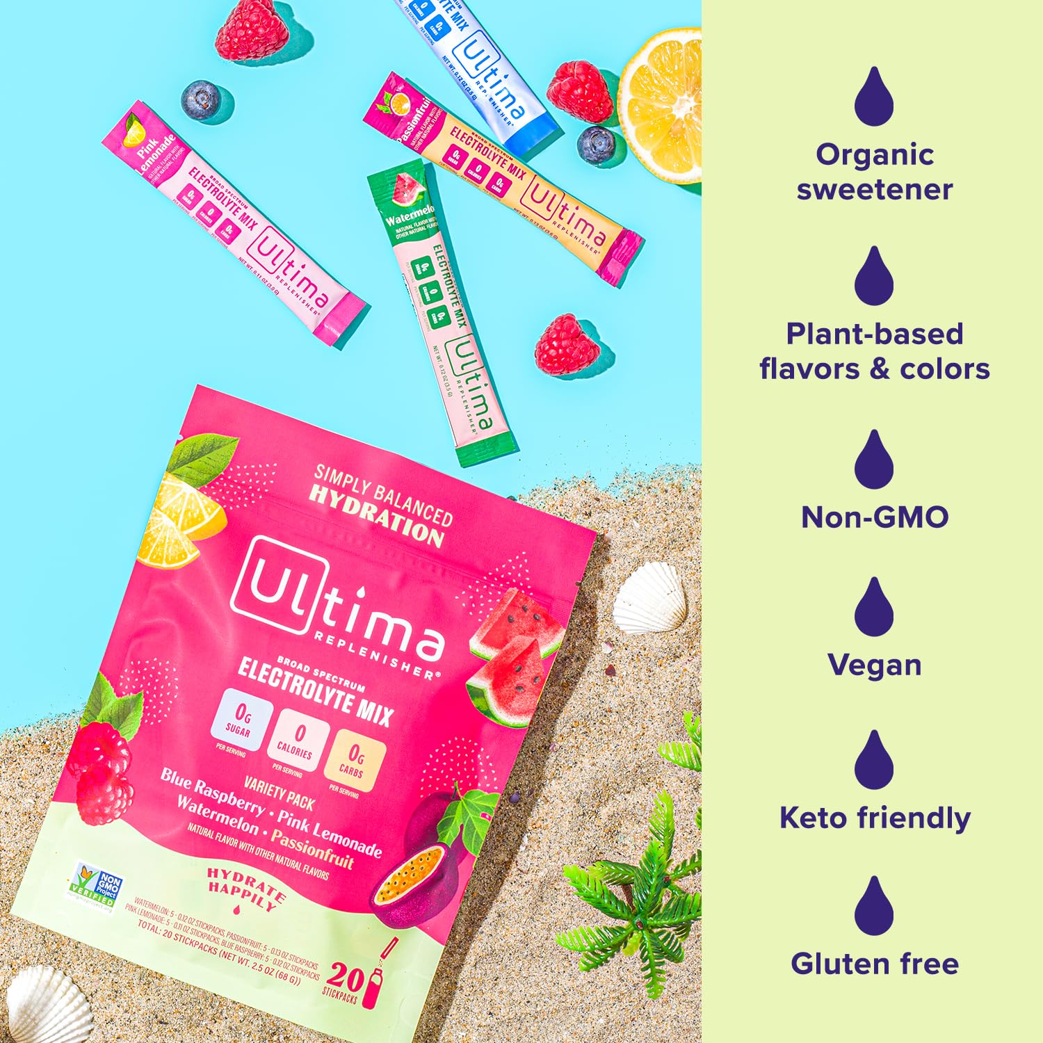 Ultima Replenisher Daily Electrolyte Drink Mix – Tropical Variety, 20 Stickpacks – Hydration Ultima Replenisher Au supplements