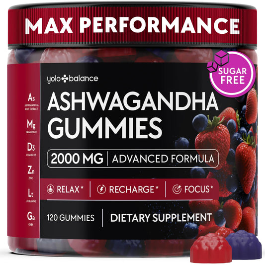 Ashwagandha Gummies – 120 Count - 2000 MG Ashwagandha Supplements with L-Theanine, GABA, Magnesium, Zinc & Vitamin D3 – Sugar-Free, Vegan, YOLOBALANCEAU supplements