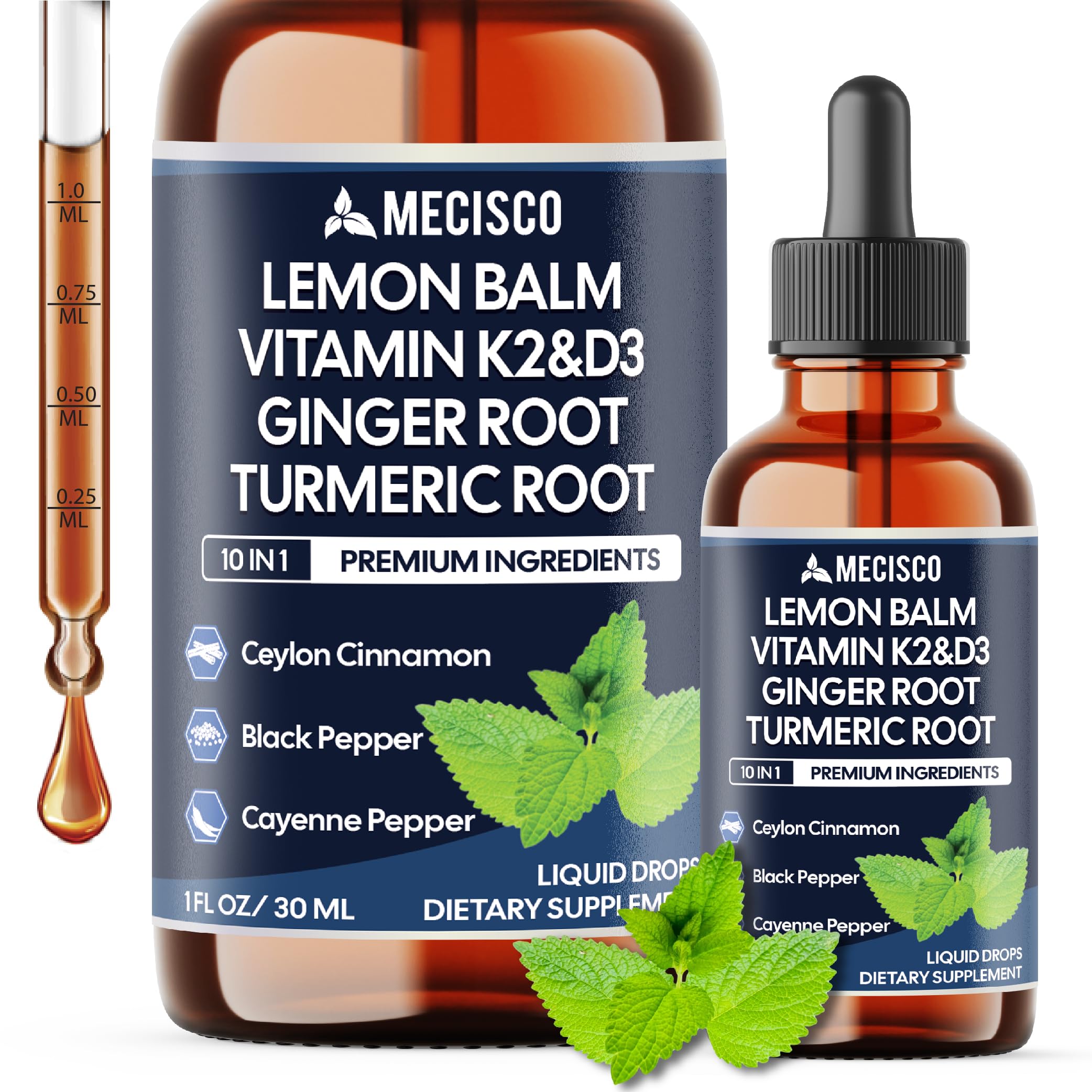 10in1 Lemon Balm Liquid Drops Blend Includes Vitamin D3, Vitamin K2, Lemon Balm, Ginger, Turmeric, Ceylon Cinnamon, Black Pepper, Cayenne Pepper, Berberine, Valerian Root - 1 FL Oz - 2 Month Supply Mecisco Au supplements