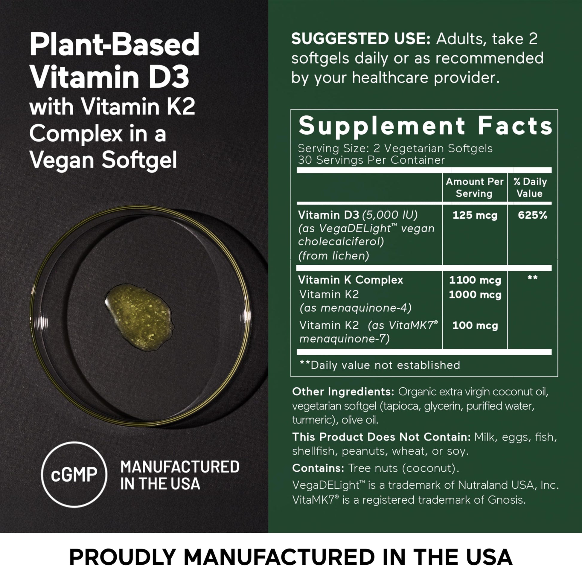 SMARTERNUTRITION Vegan Vitamin D3 5000 IU + Natural Vitamin K2 1100 mcg in Organic Coconut & Olive Oil - D3 K2 Supplement for Immune & Bone Support - 60 Softgels[30 Day Supply] SMARTERNUTRITION Au supplements