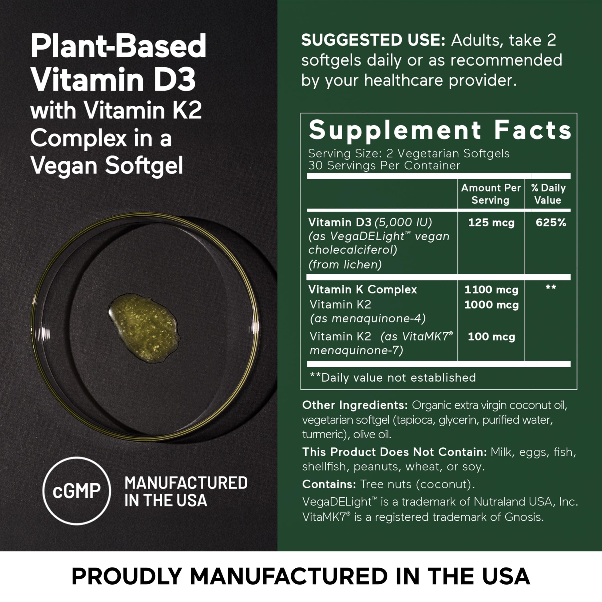 SMARTERNUTRITION Vegan Vitamin D3 5000 IU + Natural Vitamin K2 1100 mcg in Organic Coconut & Olive Oil - D3 K2 Supplement for Immune & Bone Support - 60 Softgels[30 Day Supply] SMARTERNUTRITION Au supplements