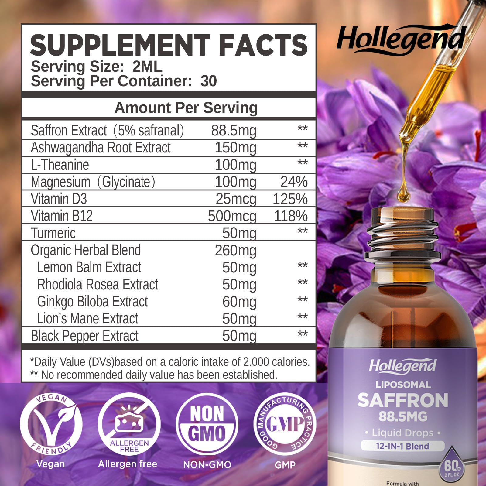 HOLLEGEND Liposomal Saffron Drops for Kids & Adults, Organic Saffron Supplement w/Magnesium, L-Theanine and Vitamins for Stress, Focus, Vision and Energy Support, Vegan, Natural Lemon Flavor, 2 FL OZ HOLLEGEND Au supplements