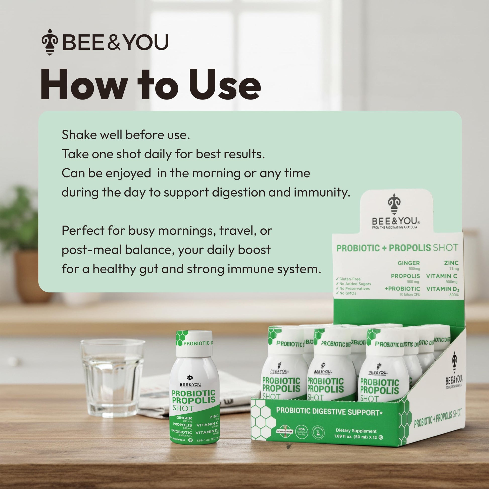 Bee and You Propolis Immune Shot, Probiotic, Vitamin C, Vitamin D3, Zinc, Ginger, Immune Support, Gut Health, Digestive Health, Bioactive 1.69 Fl. oz, 12 Pack BEE & YOU Au supplements