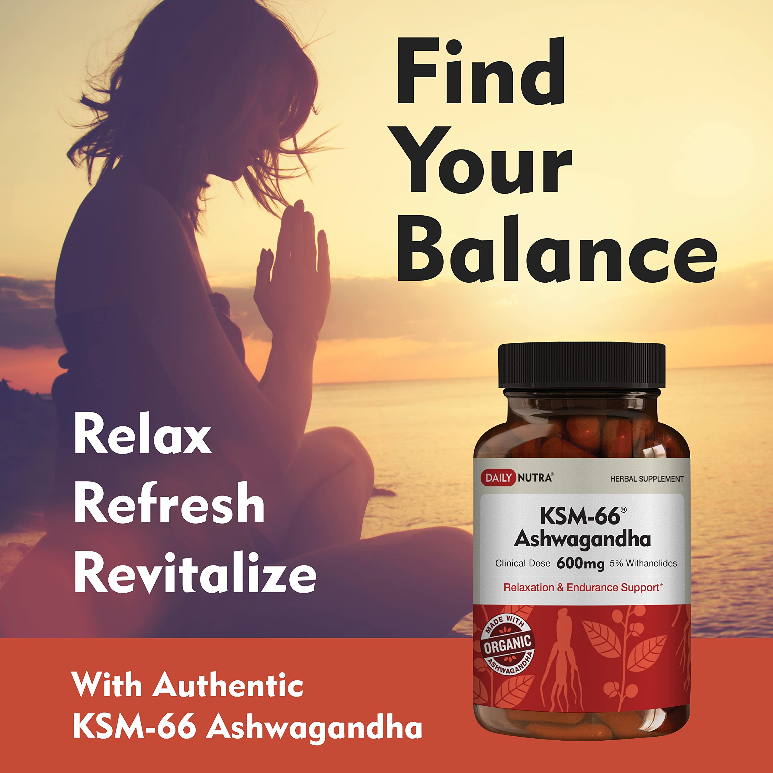 DailyNutra KSM-66 Ashwagandha 600mg Organic Root Extract - High Potency Supplement with 5% Withanolides | Relieves Tiredness, Supports Relaxation, Focus, Energy, & Muscle Growth (90 Capsules) DailyNutra Au supplements