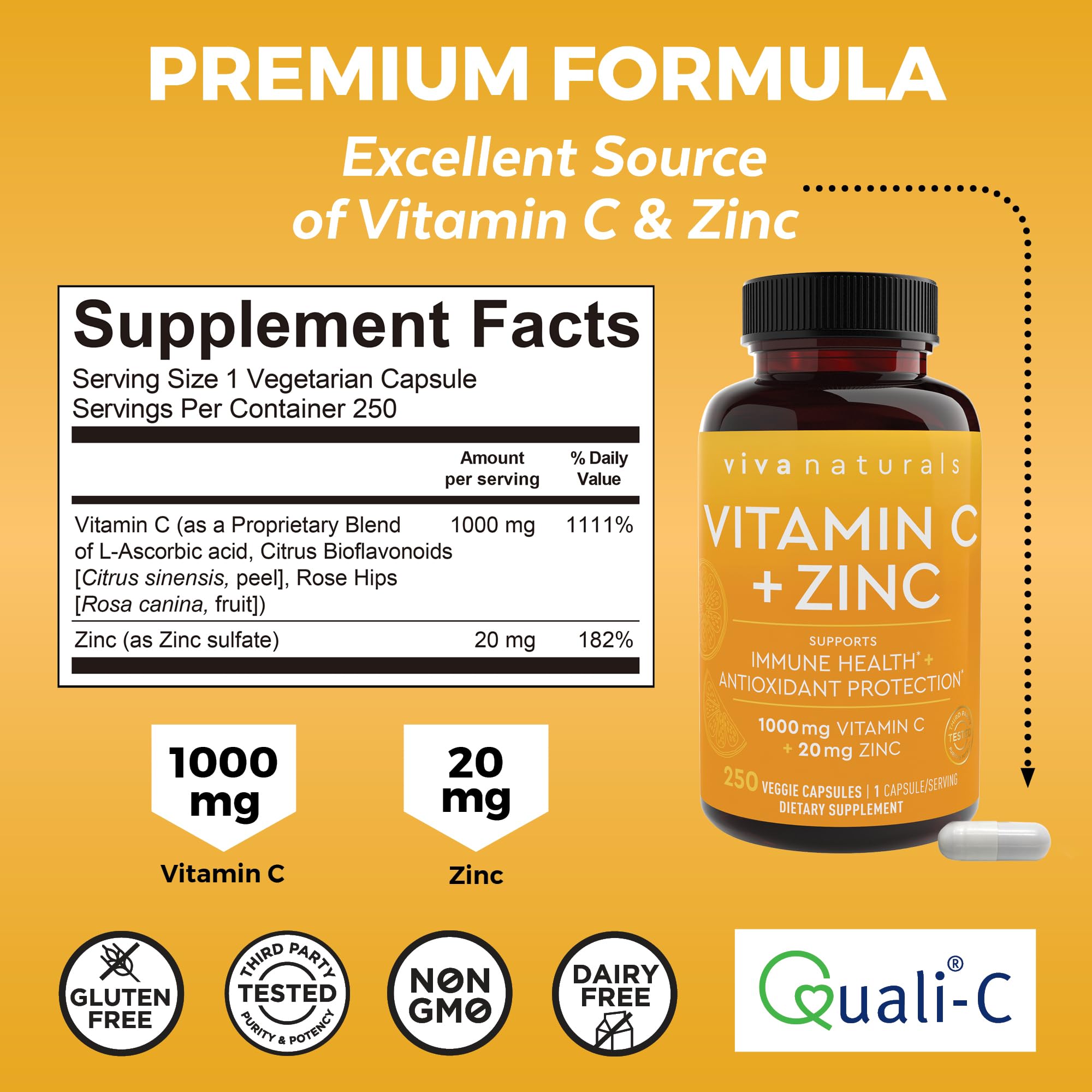 Viva Naturals Vitamin C and Zinc Supplement (250 Capsules) - 1000 mg Vitamin C with Zinc 20 mg Antioxidant Supplements for Immune Support, Vitamin Supplement for Adults Viva Naturals Au supplements