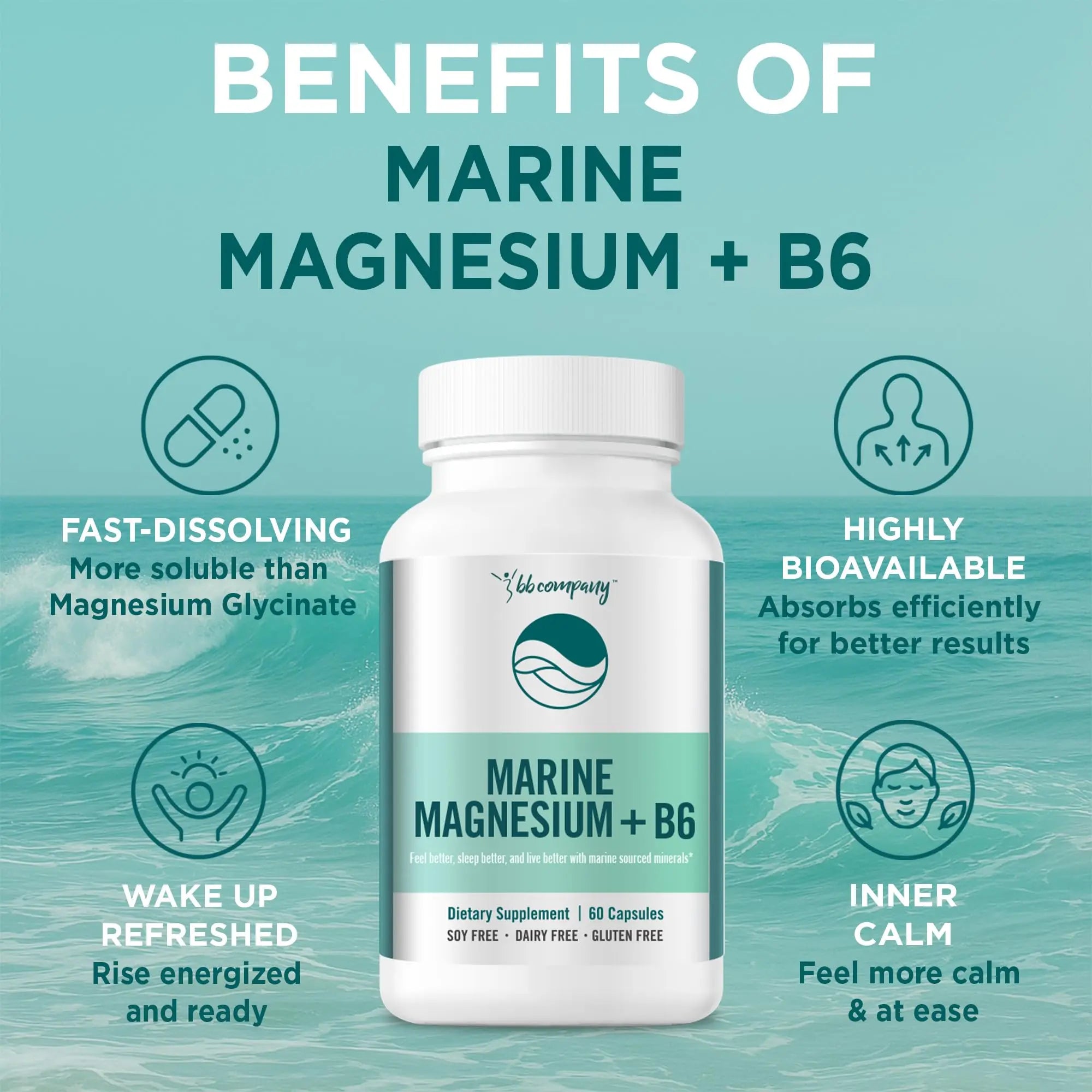 Ocean Magnesium 200mg Aquamin | More Soluble Than Magnesium Glycinate | Whole Food Mag B6 Supplement for Women | Gentle on Stomach & Vegan | Sleep Support, Calms Nerves & Leg Cramps | 60 Ct BB Company Au supplements