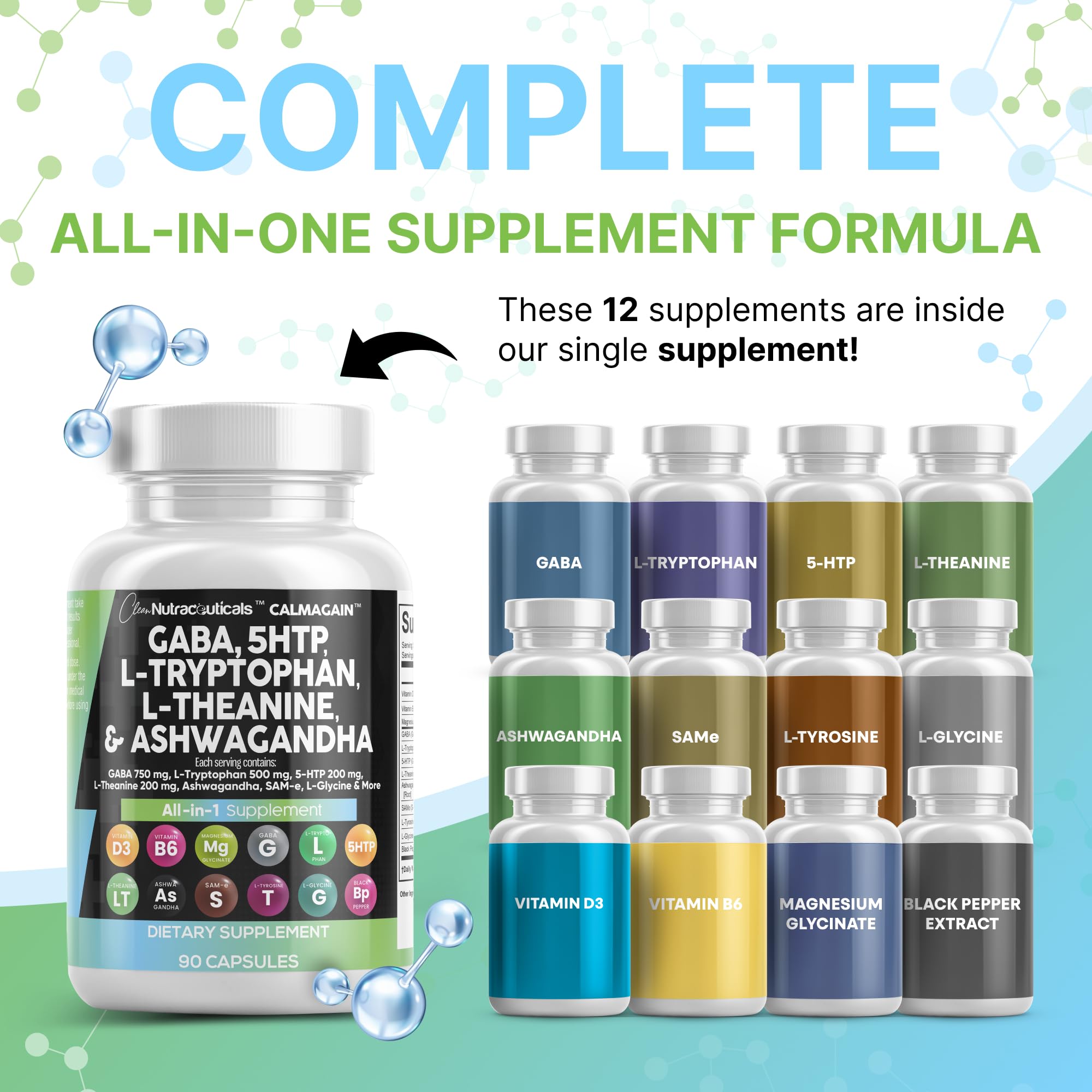 Clean Nutraceuticals GABA 750mg 5 HTP 200mg L Tryptophan 500mg L Theanine 200mg Ashwagandha SAM-e L-Glycine - Mood Support Vitamins for Women and Men with L-Tyrosine 5-HTP (5-Hydroxytryptophan) Clean Nutraceuticals Au supplements