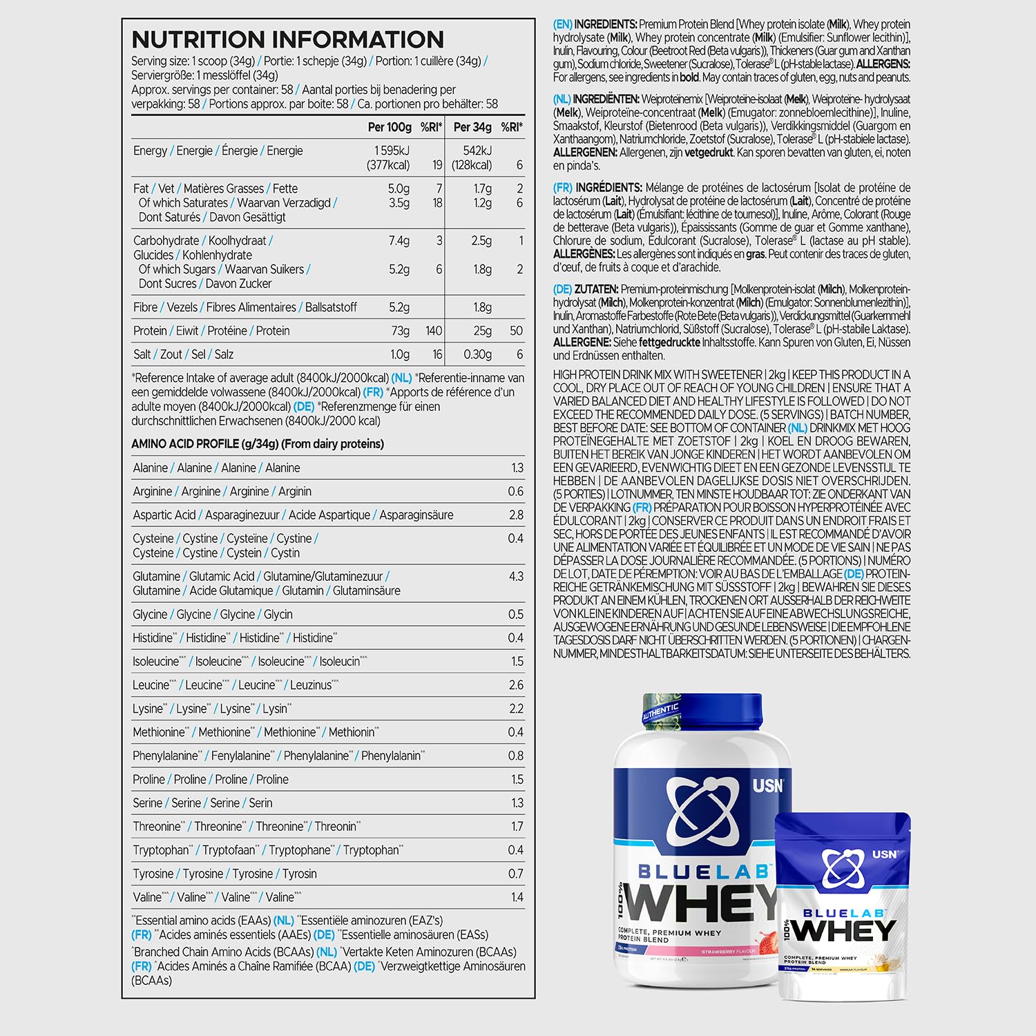 USN Blue Lab Whey Protein Powder: Strawberry - Whey Protein 908g - Post-Workout - Whey Isolate USN Au supplements