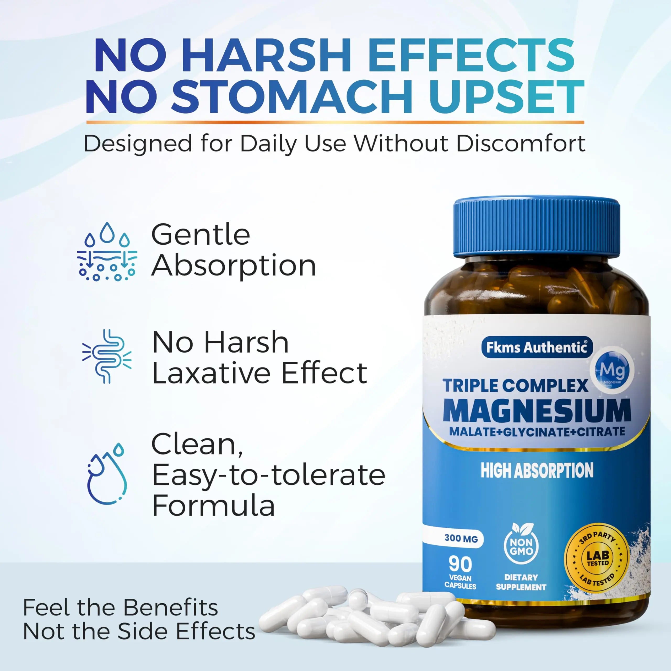 FKMS Authentic Triple Magnesium Complex | 300mg Magnesium Glycinate, Malate & Citrate for Sleep, Stress & Muscle Support | Non-GMO, Vegan, Gentle on Stomach | High Absorption | 90 Capsules FKMS AUTHENTIC Au supplements