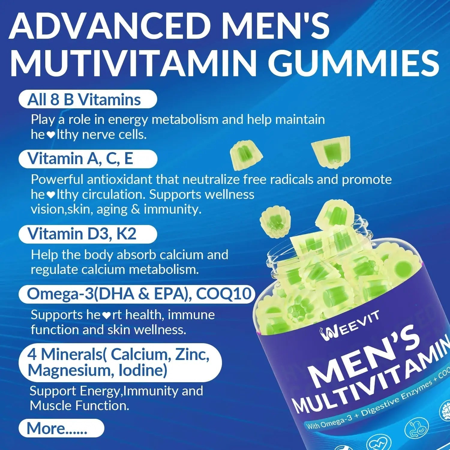 WEEVIT Mens Multivitamins Gummies, Omega 3, CoQ10, Turmeric, Lycopene, Digestive Enzymes, Daily Mens Vitamins A C D E B6 B12 WEEVIT Au supplements