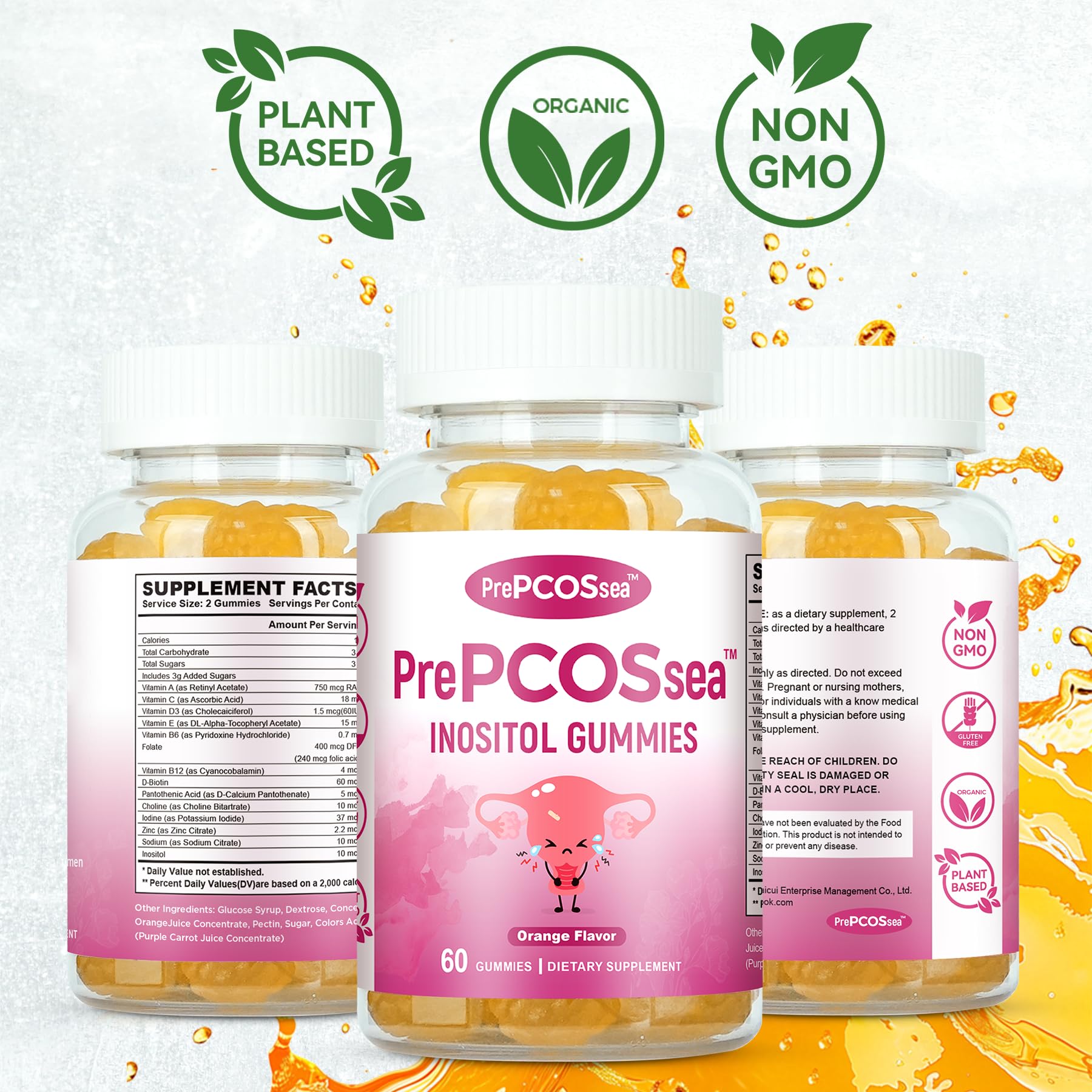 Feelherbs PrePCOSsea Inositol Gummies Vitamins, 2 Pack Orange Flavor Myo-Inositol Vitamin Gummies with Folate, B6, B12 & D-Biotin, 60 Count Soft Chews Feelherbs Au supplements