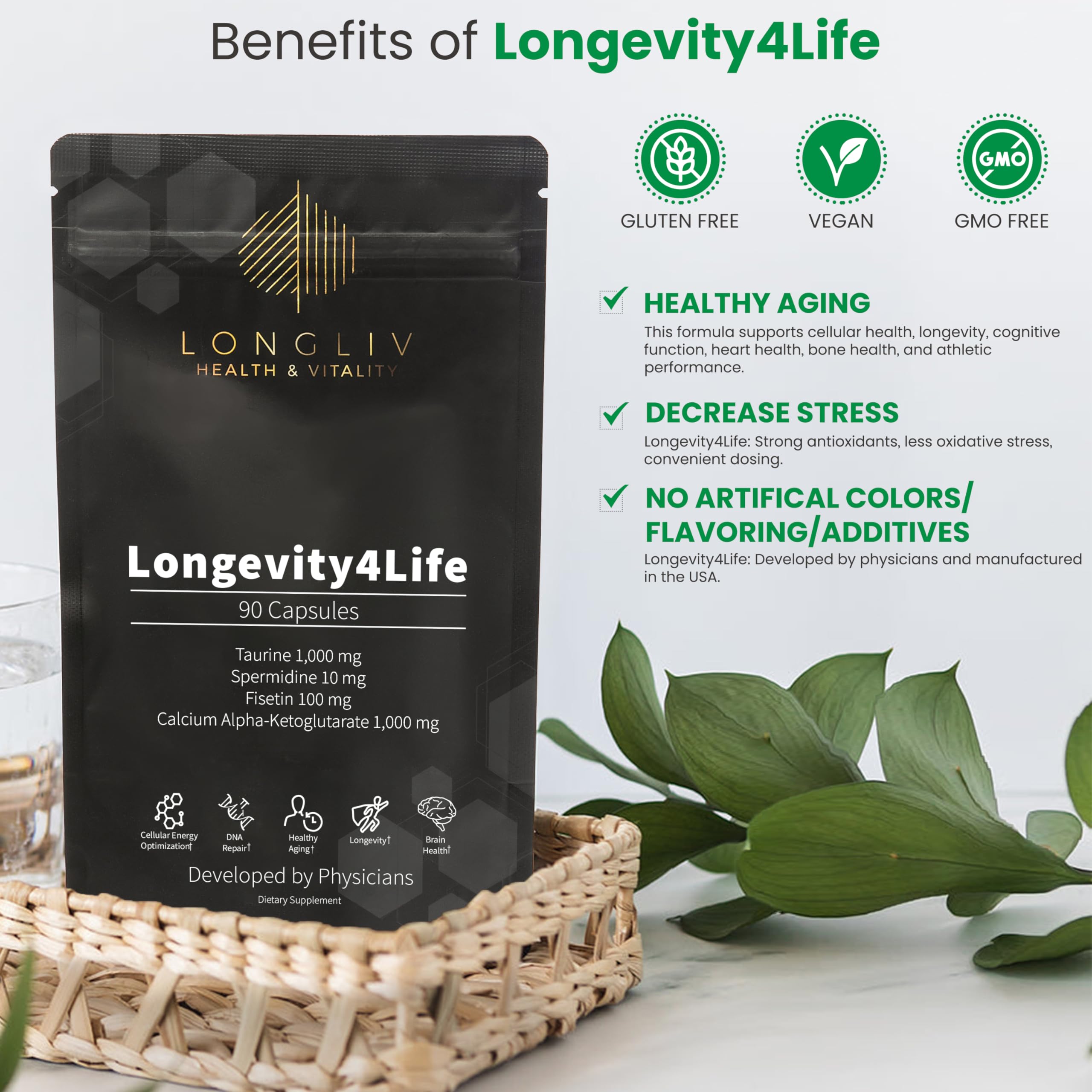 Longevity4Life - Ultimate Cellular Health Supplement - Fisetin, Taurine, Calcium Alpha-Ketoglutarate, and Spermidine Capsules for Longevity and Vitality - Made in USA - Physician Formulated LongLiv Health and Vitality Au supplements