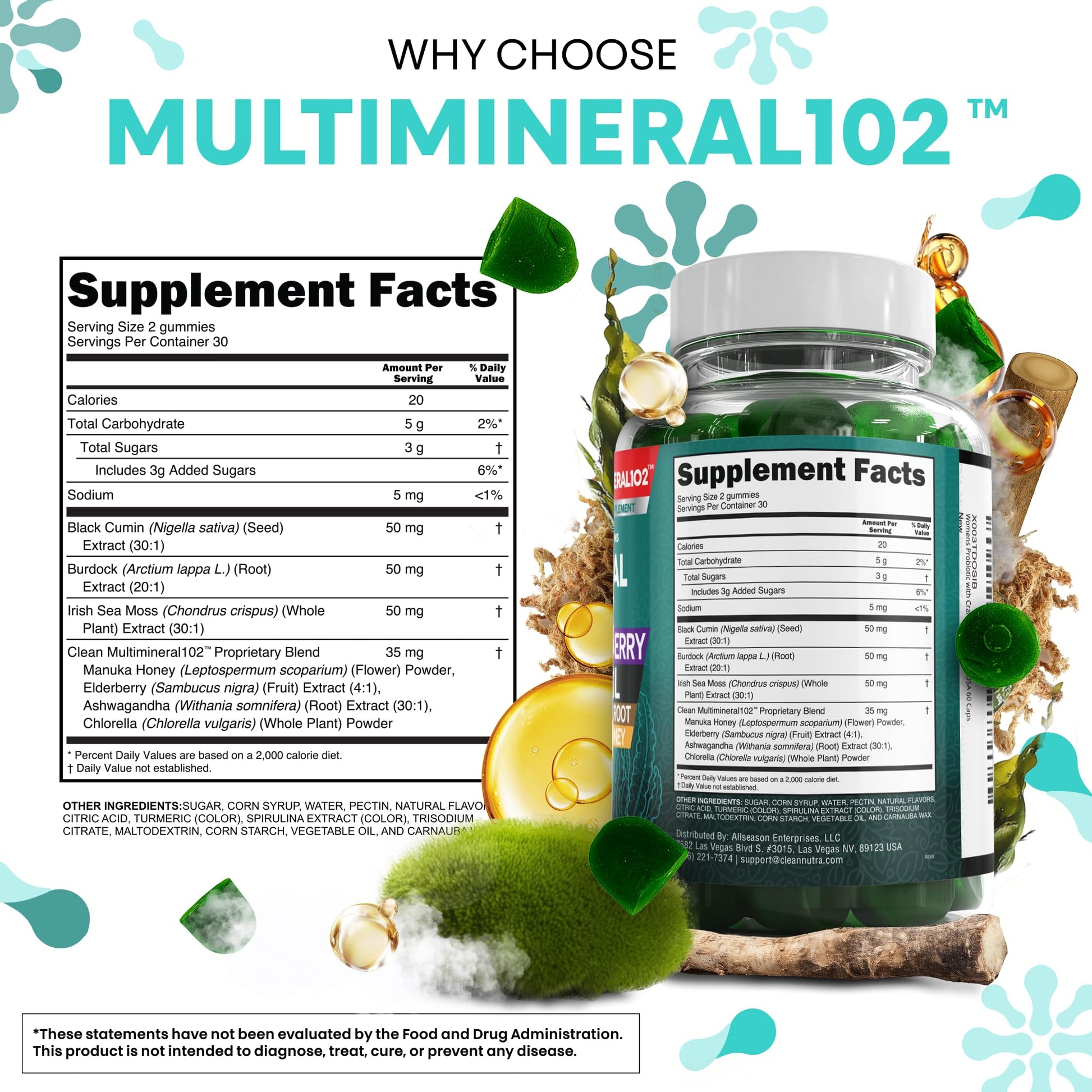 Sea Moss Gummies | Clinically Tested - Black Seed Oil Ashwagandha Elderberry Burdock Root Chlorella Manuka Honey - Vegan Irish Sea Moss Gummy Vitamins for Adults Kids Men Women - Green Apple Flavor Clean Nutraceuticals Au supplements