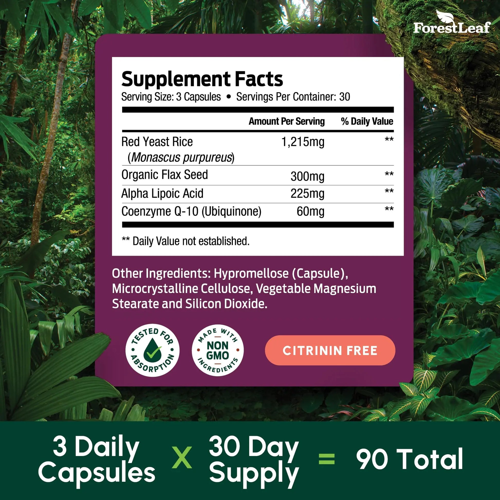 Red Yeast Rice 1215 mg. Capsules - Extra Strength Red Rice Yeast with CoQ10 Supplement, Plus Alpha Lipoic Acid & Organic Flaxseed, Citrinin Free, Supports Cardiovascular Health, Non-GMO 90 Veggie Caps ForestLeaf Au supplements
