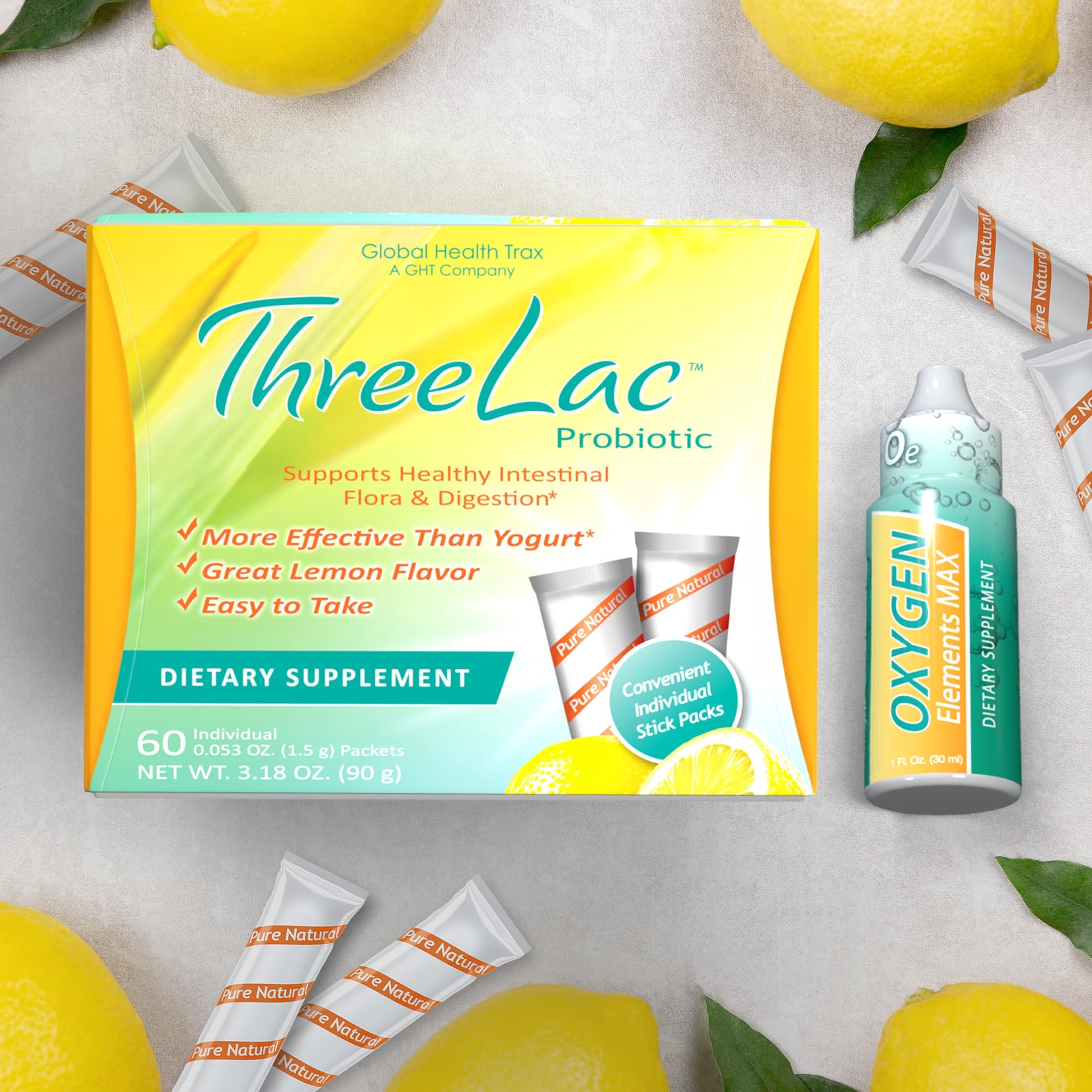 Global Health Trax Ultimate Gut & Oxygen Duo: ThreeLac Lemon Probiotic Powder (60 Packets) & Oxygen Elements Max Drops (1oz) - Digestive Support & Cellular Vitality ght Global Health Trax Au supplements