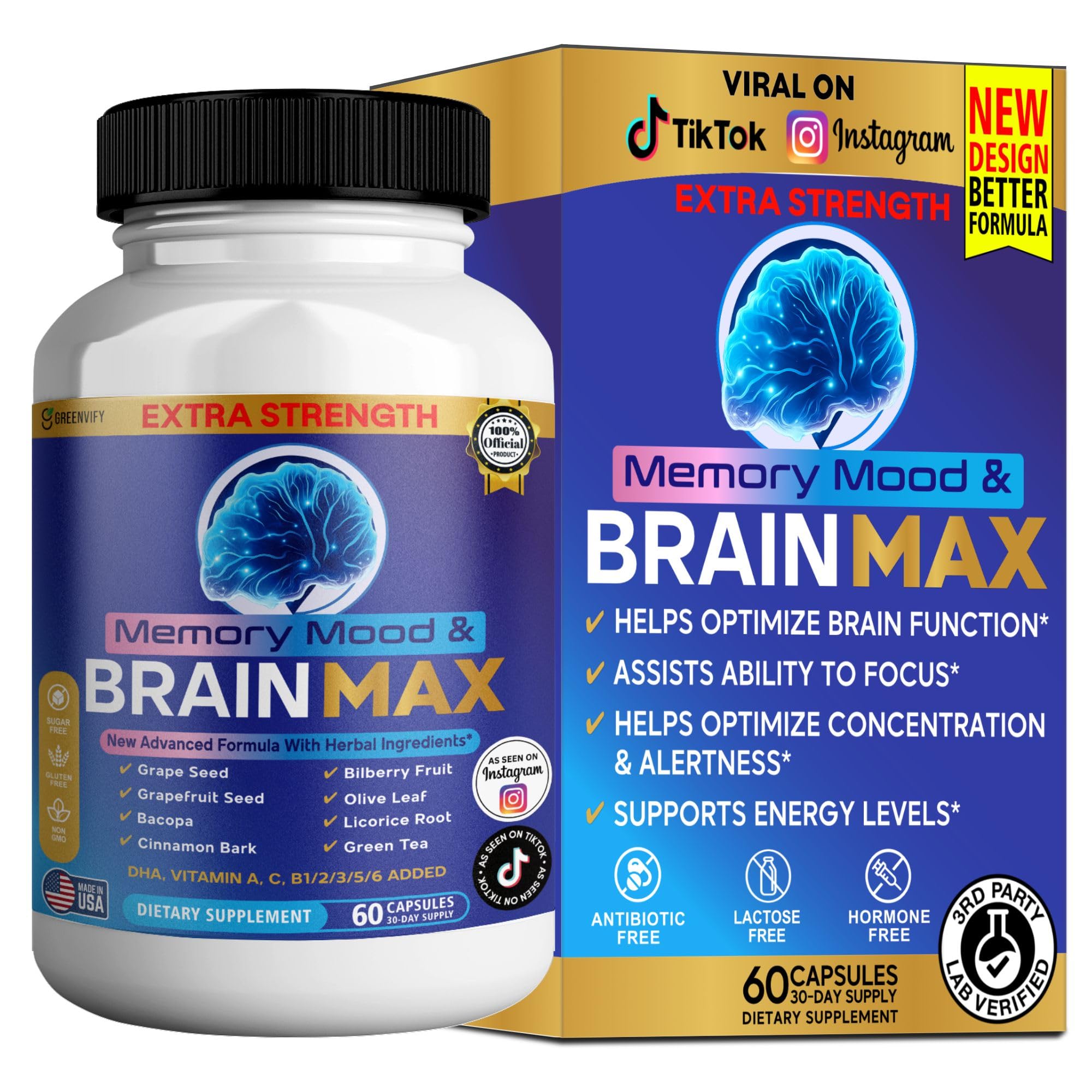 Memory, Mood & Brain Max Extra Strength Supplement with Herbal Ingredients, 60 Capsules, DHA, Vitamins, Bacopa, Green Tea (1) GREENVIFY Au supplements