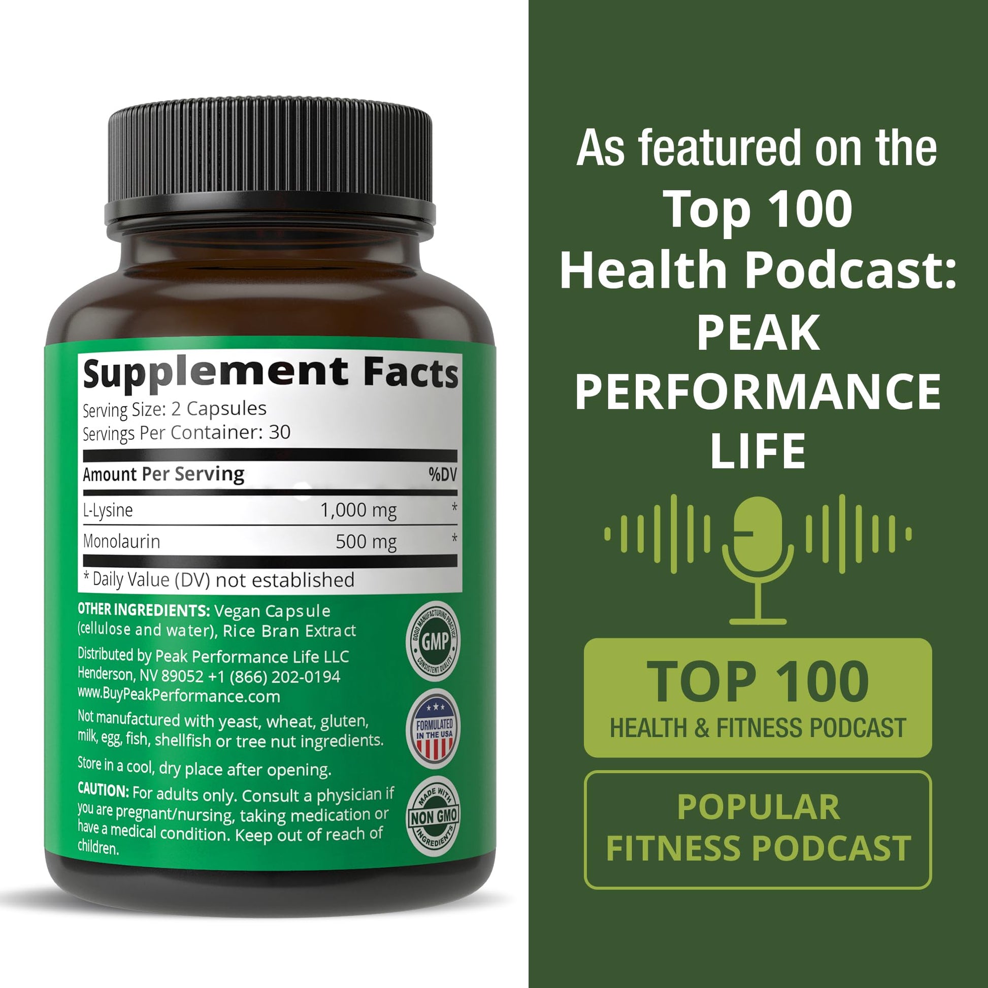 Peak Performance L Lysine 1000mg + Monolaurin 500mg Supplement for Immune Support - High Potency L-Lysine for Lips, Skin, & Health - 2-in-1 Bioavailable Supplements for Men and Women - 60 Capsules Peak Performance Au supplements