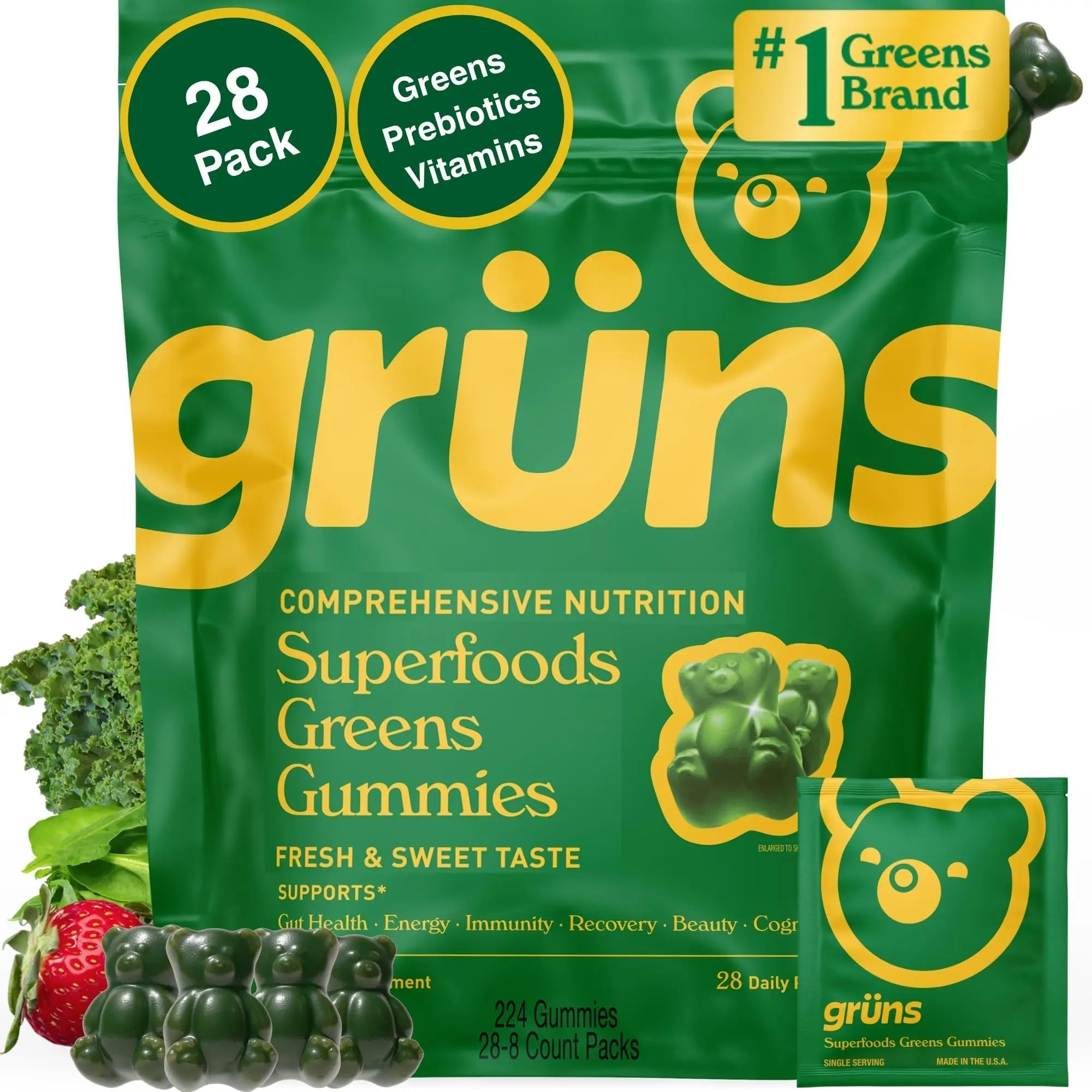 Gruns Adults Super Greens Multivitamin Gummies, Superfood Vitamin Gummy Bears with Spirulina, Chlorella, Prebiotic Fiber for Digestive Health Grüns Au supplements