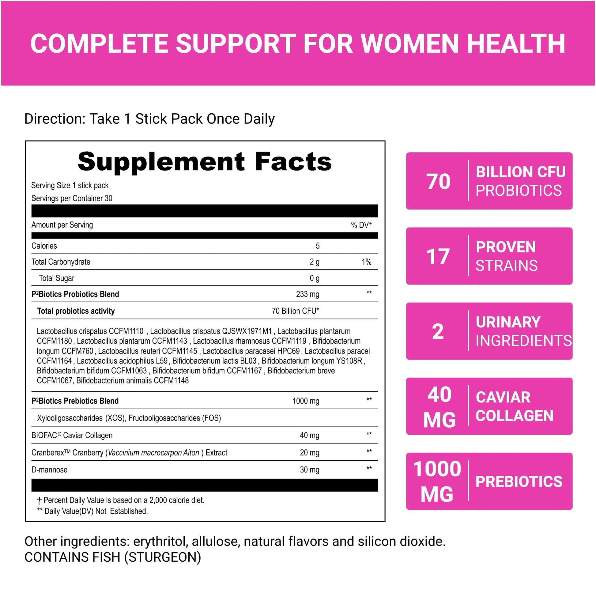 UpNourish Probiotics, Caviar Collagen with Prebiotics for Women's Digestive, Skin Radiance, and Feminine Health with Cranberry Extract & D-Mannose, 30 Fast-melt Packets UpNourish Au supplements