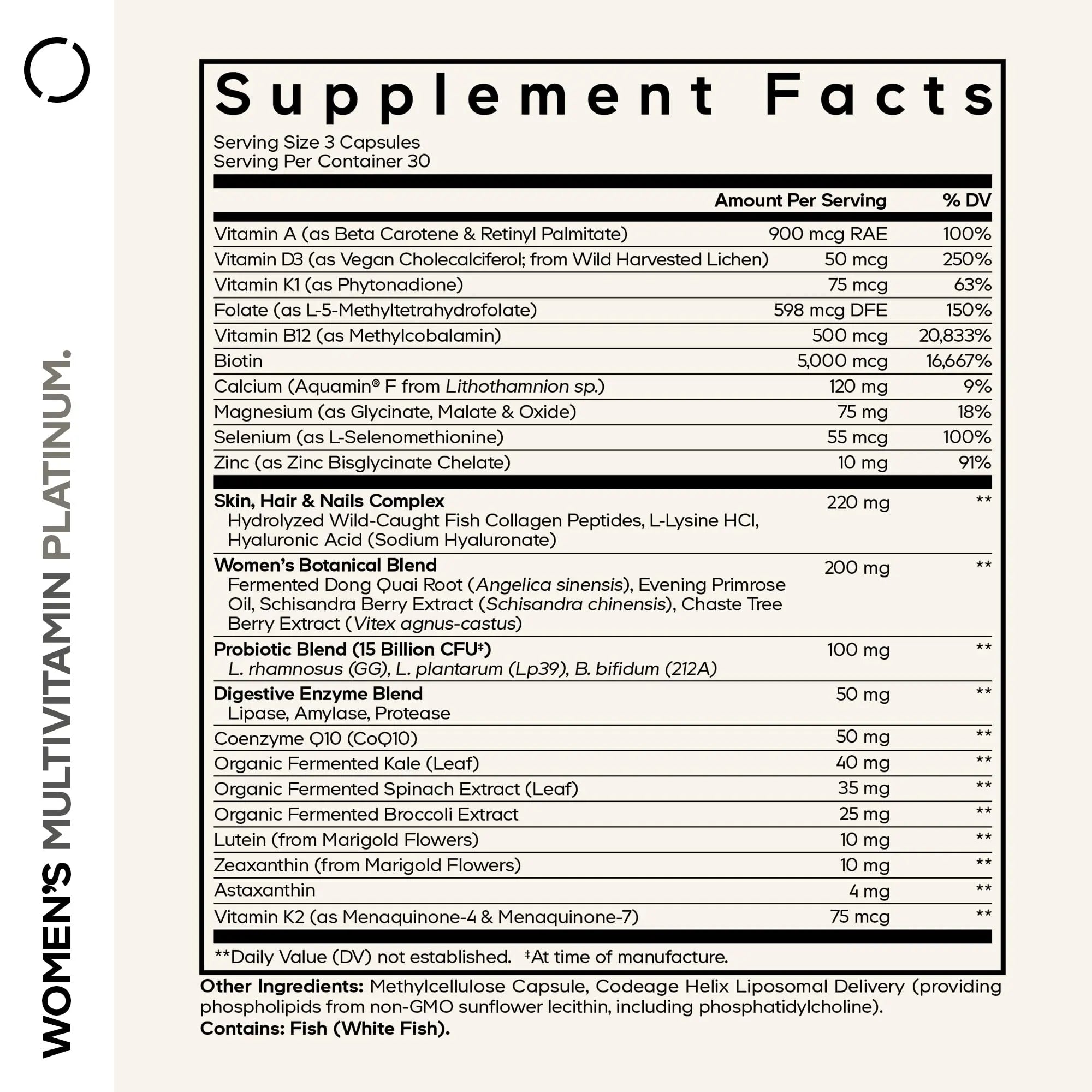 Codeage Women’s Multivitamin Platinum - Vitamins A D3 K1 K2 B12 & Minerals, CoQ10, Skin, Hair & Nails Complex, Collagen, Botanicals, Probiotics Codeage Au supplements