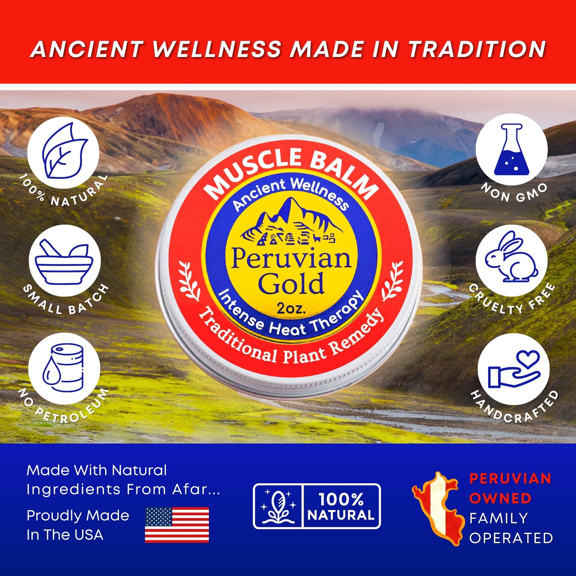 Sore Muscle Balm - Peruvian Gold Intense Heat Therapy Muscle Rub. 500K Scoville Heat Units Melts Away Sore, Painful Muscles. 2oz Peruvian Gold Au supplements